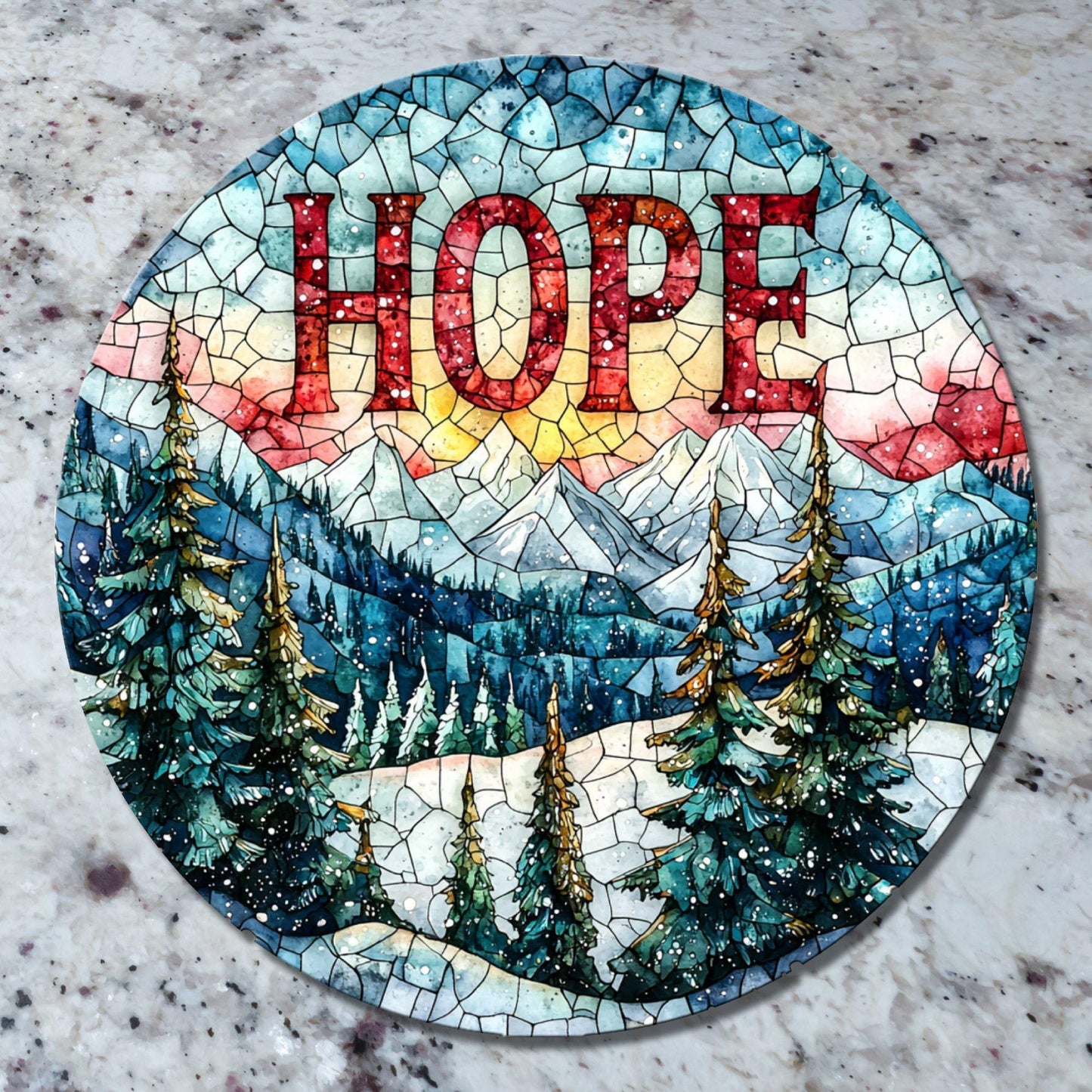 Hope Mountains Glass Cutting Board 8-inch Round Trivet Charcuterie Board Gift for Her Mom Kitchen Decor