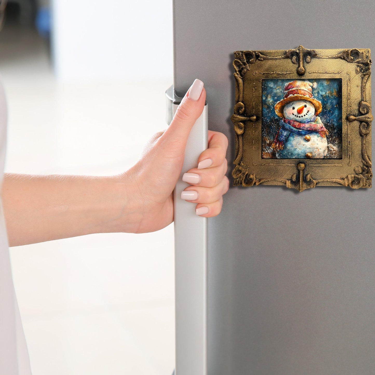 Vintage Snowman Tiny Art Fridge Magnet Gold Framed Fridgescaping Art Picture Gallery Tiny Art Gift for Her Wife Mom