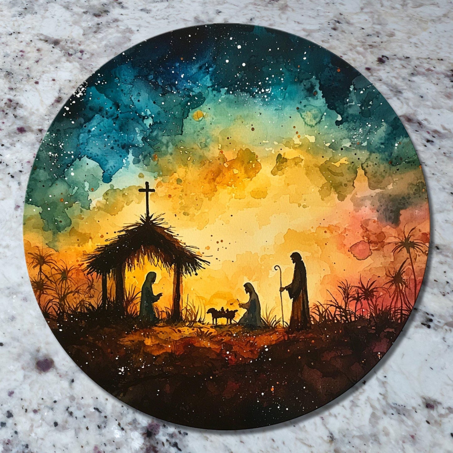 Vibrant Nativity Scene Glass Cutting Board 8-inch Round Trivet Charcuterie Board Gift for Her Mom Kitchen Decor