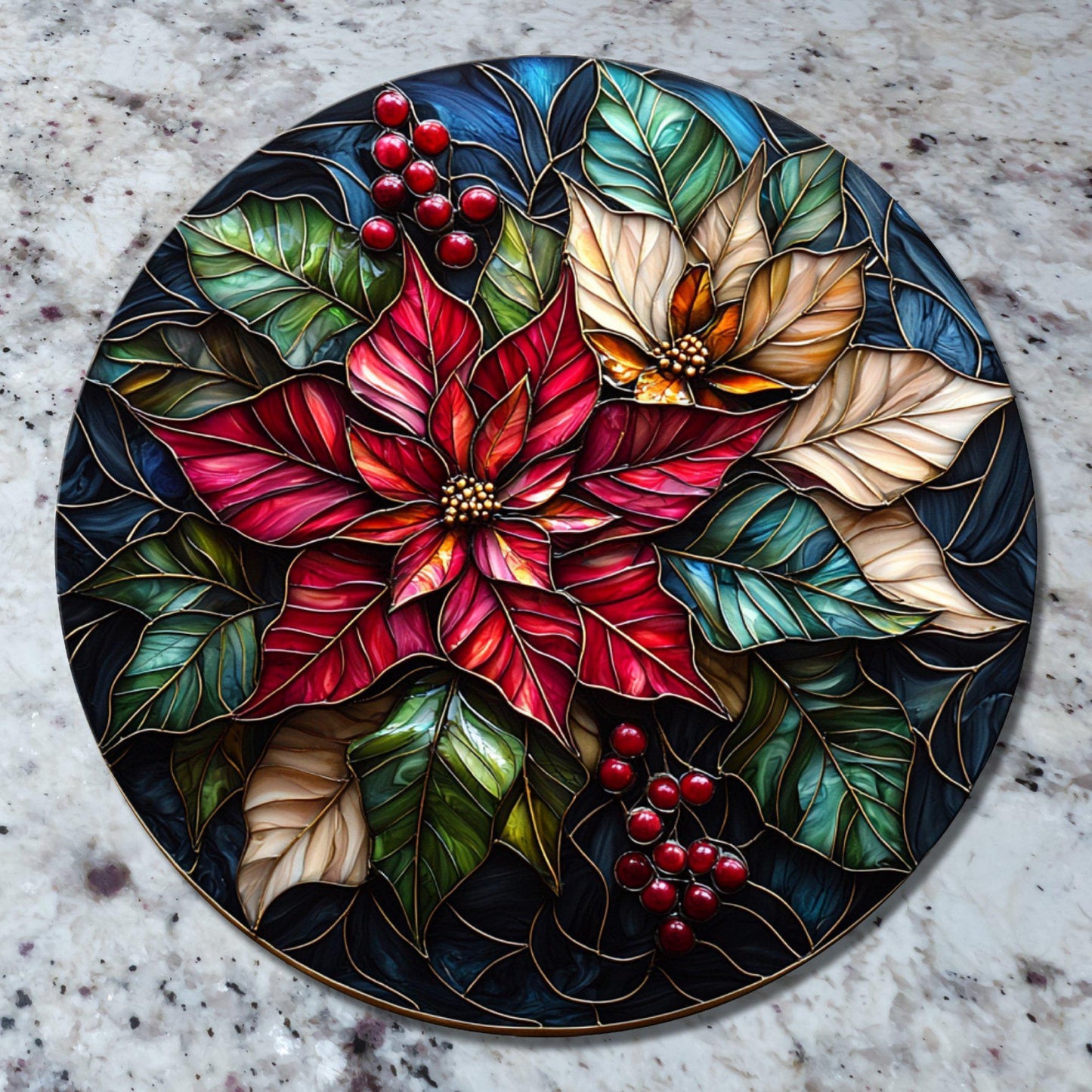Poinsettias Glass Cutting Board 8-inch Round Trivet Charcuterie Board Gift for Her Mom Kitchen Decor