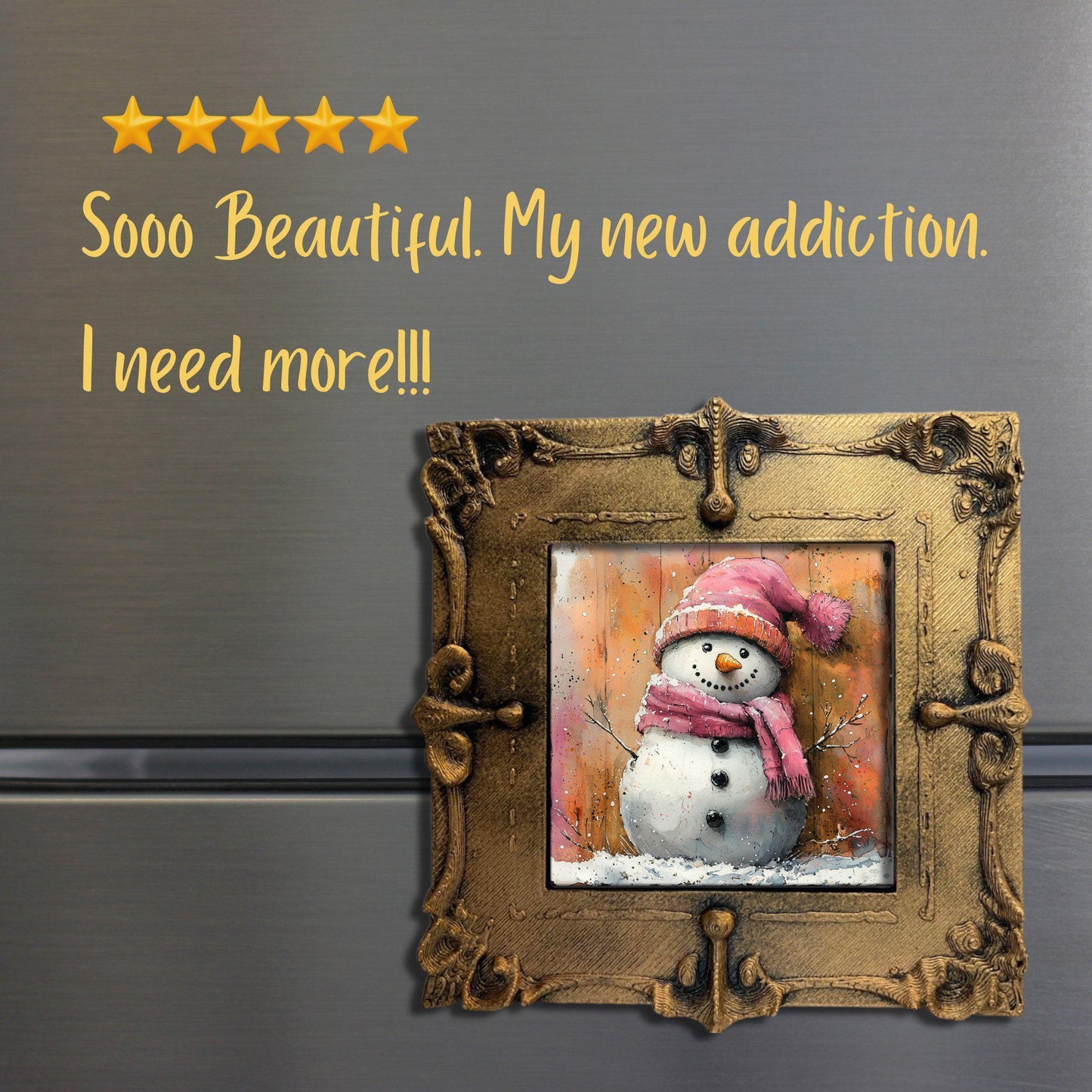 Pink Snow Man Gold Framed Refrigerator Magnet, Mini Art, Grand Millennial Style, Artful Kitchen Decor, Gift for Her fridgescaping