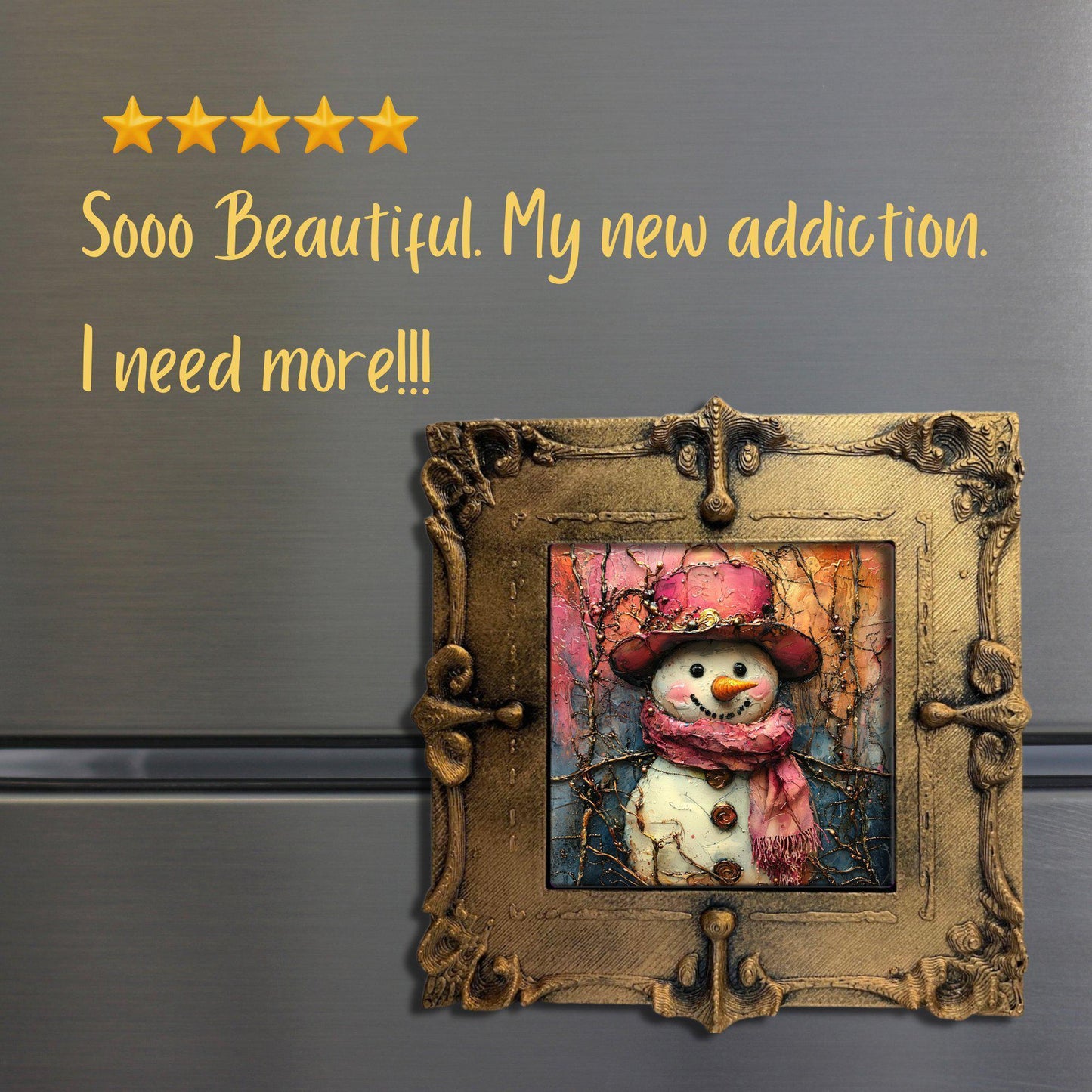 Pink Snowman Gold Framed Refrigerator Magnet, Mini Art, Grand Millennial Style, Artful Kitchen Decor, Gift for Her fridgescaping