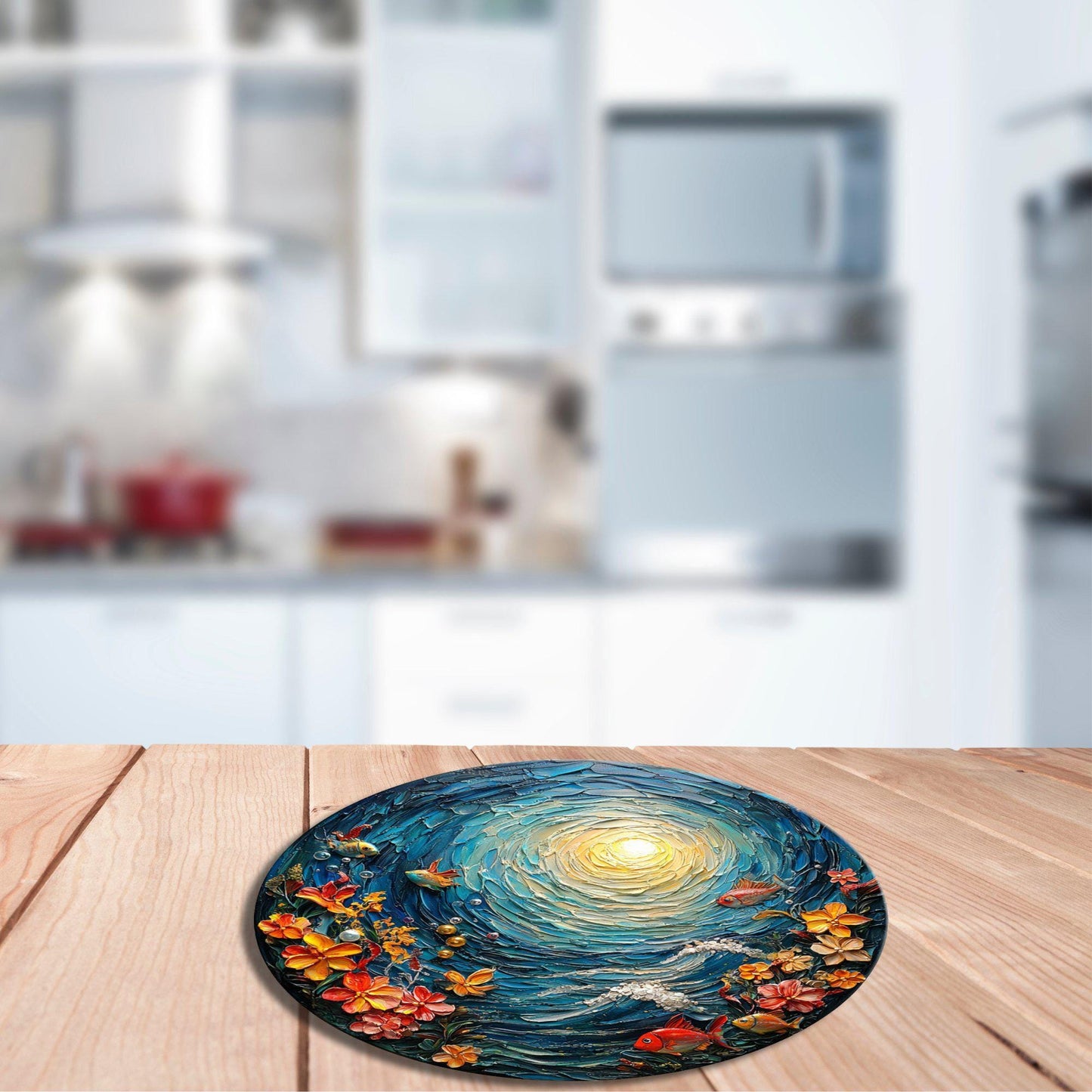 Glass Cutting Board Sunny Under the Sea Day 8-inch Round Trivet Charcuterie Board Gift for Her Mom Kitchen Decor