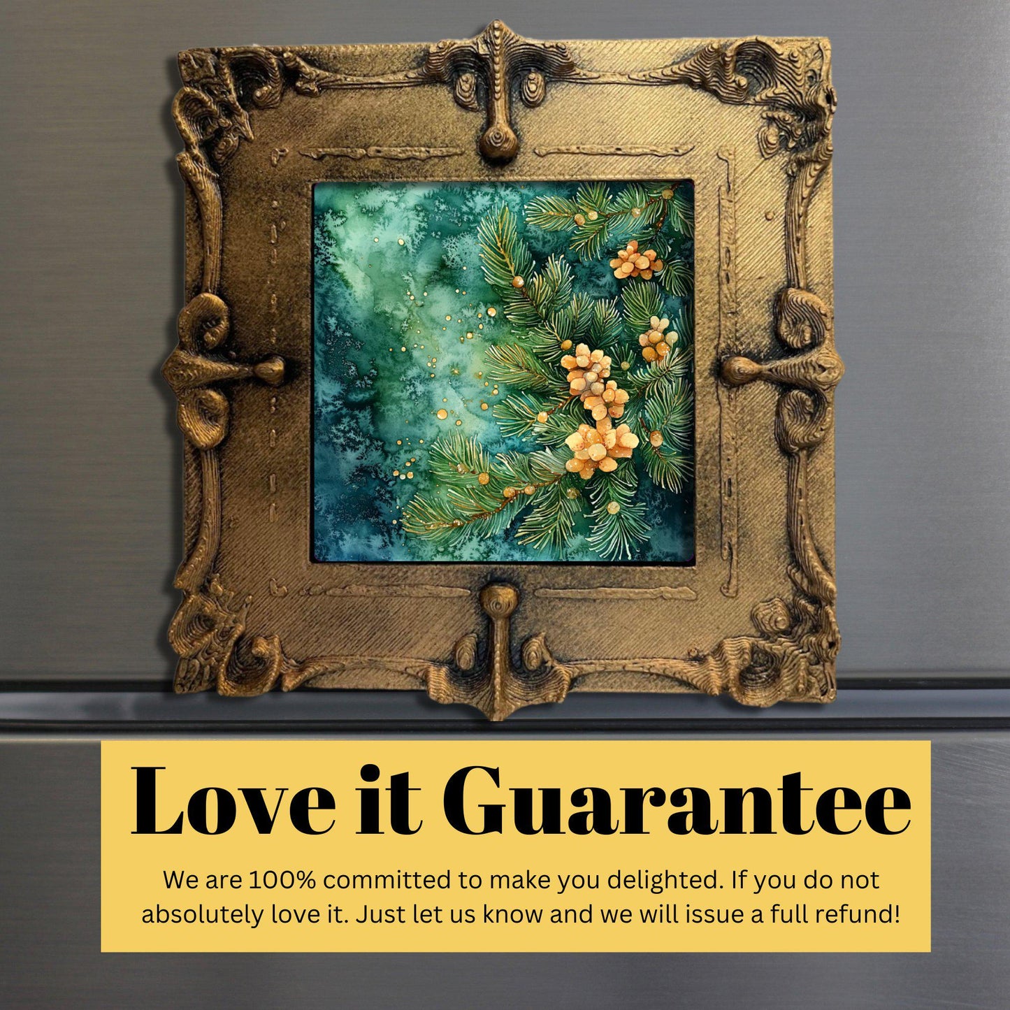 Christmas Pine Needle Study Tiny Art Fridge Magnet Gold Framed Fridgescaping Art Picture Gallery Tiny Art Gift for Her Wife Mom