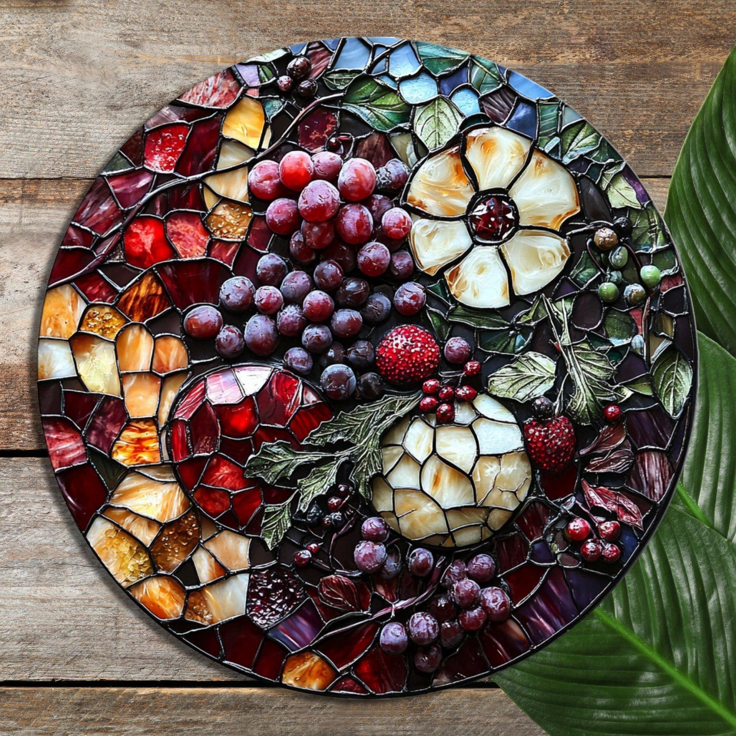 Grapes and Such Christmas Glass Cutting Board 8-inch Round Trivet Charcuterie Board Gift for Her Mom Kitchen Decor