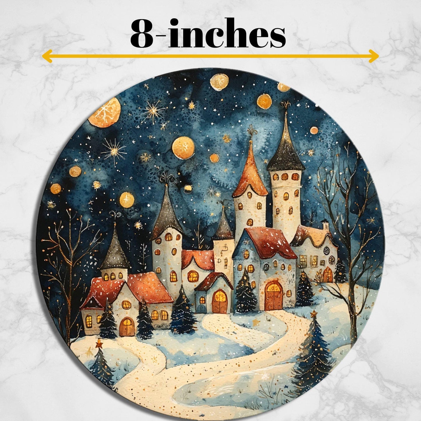 Christmas Village at Night Glass Cutting Board 8-inch Round Trivet Charcuterie Board Gift for Her Mom Kitchen Decor