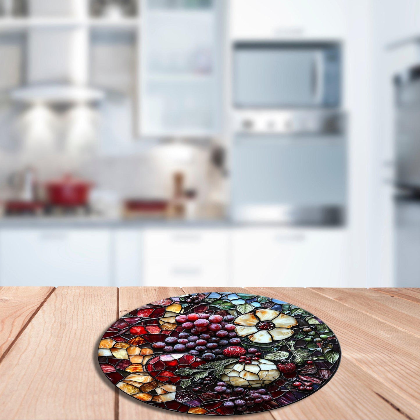 Grapes and Such Christmas Glass Cutting Board 8-inch Round Trivet Charcuterie Board Gift for Her Mom Kitchen Decor