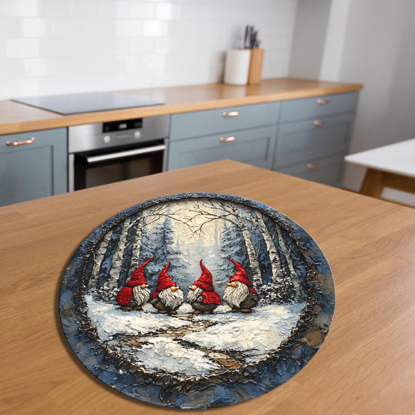 Gnome Secret Santa Meeting Glass Cutting Board 8-inch Round Trivet Charcuterie Board Gift for Her Mom Kitchen Decor