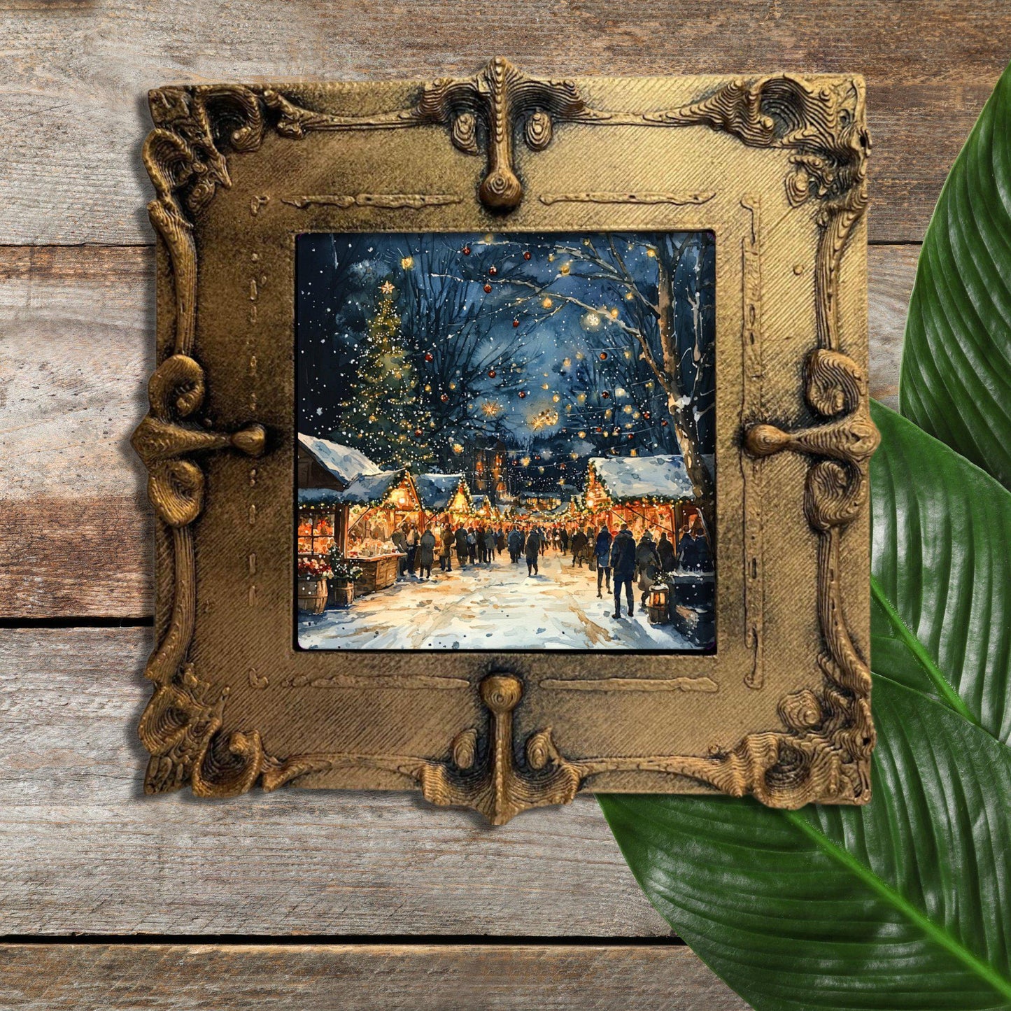 Christmas Market at Night Tiny Art Fridge Magnet Gold Framed Fridgescaping Art Picture Gallery Tiny Art Gift for Her Wife Mom