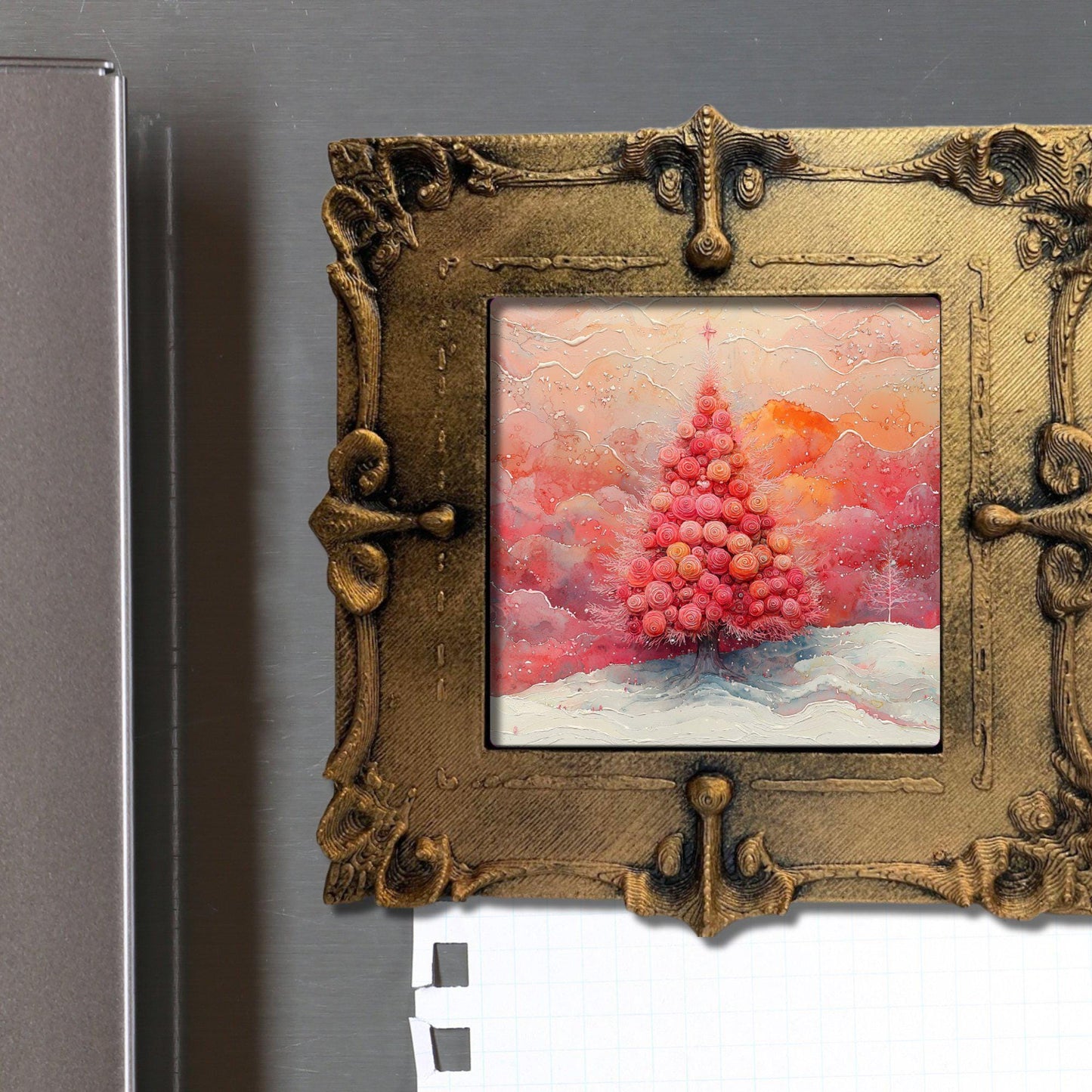 Pink Floral Christmas Tree Gold Framed Refrigerator Magnet, Mini Art, Grand Millennial Style, Artful Kitchen Decor, Gift for Her