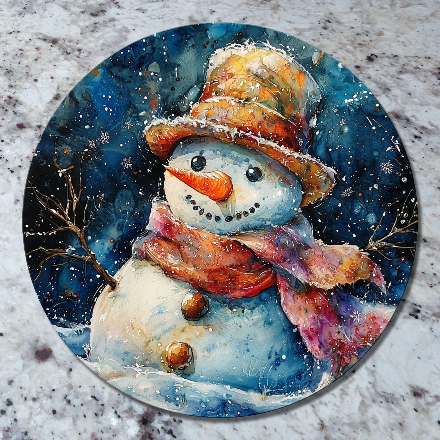 Snowman Glass Cutting Board 8-inch Round Trivet Charcuterie Board Gift for Her Mom Kitchen Decor
