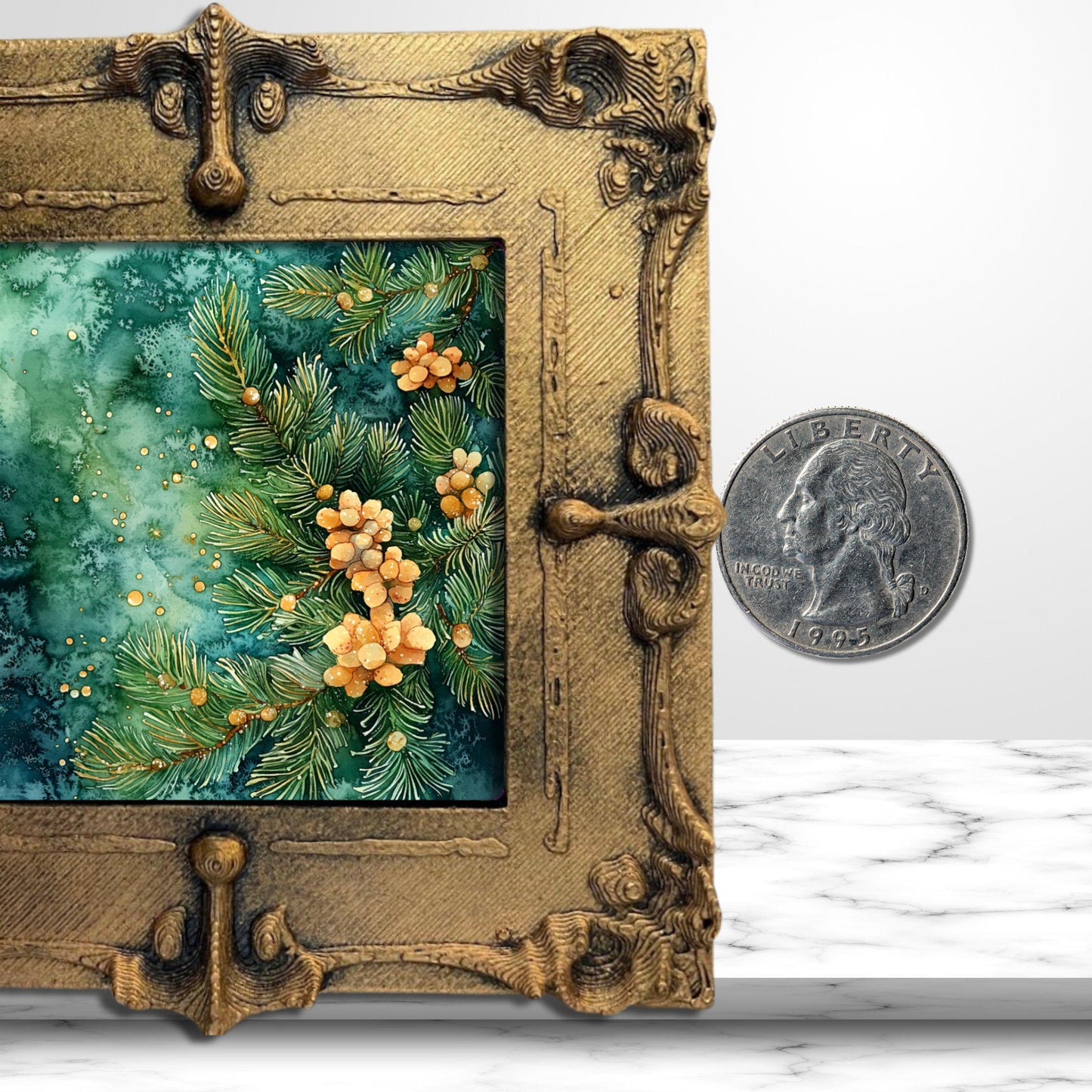 Christmas Pine Needle Study Tiny Art Fridge Magnet Gold Framed Fridgescaping Art Picture Gallery Tiny Art Gift for Her Wife Mom
