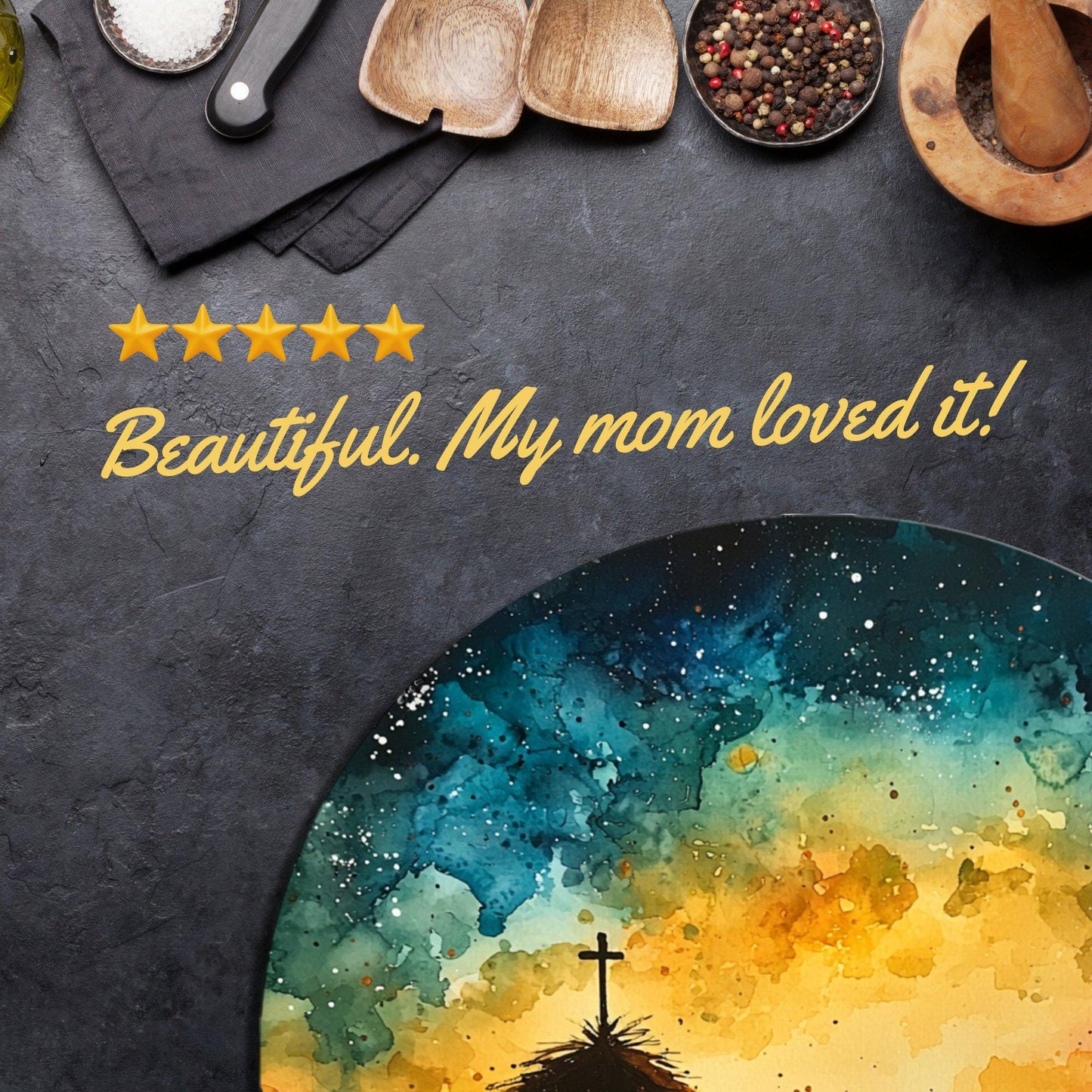 Vibrant Nativity Scene Glass Cutting Board 8-inch Round Trivet Charcuterie Board Gift for Her Mom Kitchen Decor