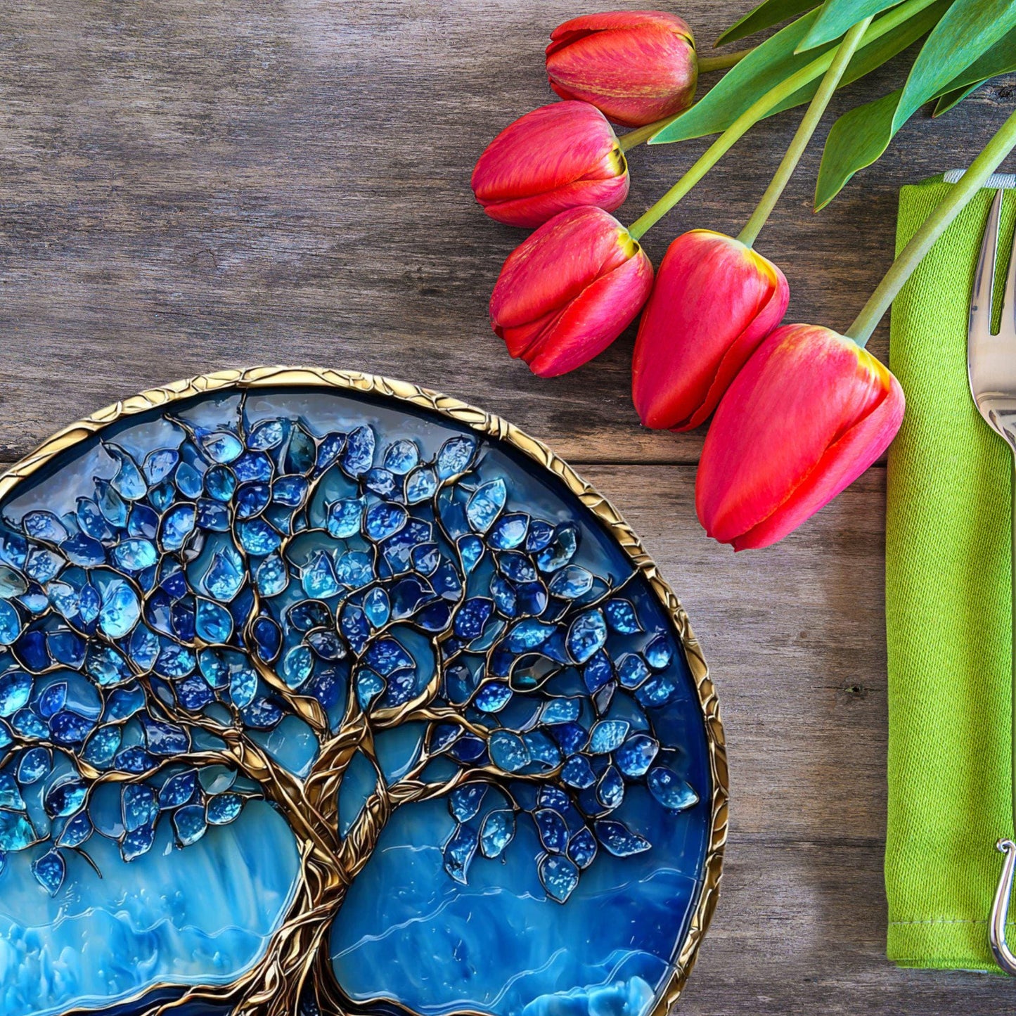 Tree of Life Blue Resin Glass Cutting Board Trivet Hot Plate Charcuterie Board Gift for Her Mom Christmas Housewarming