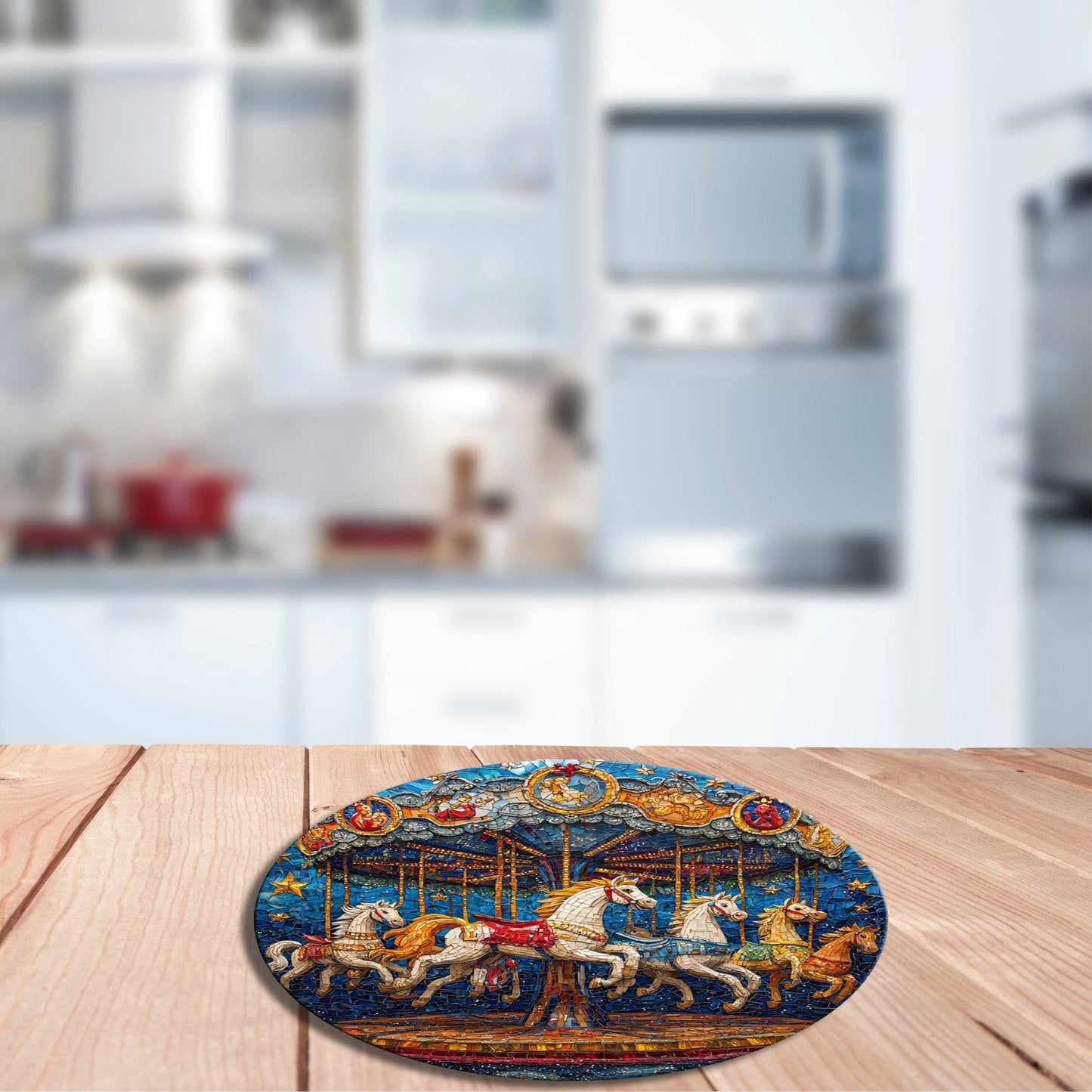 Horse Carousel Glass Cutting Board 8-inch Round Trivet Charcuterie Board Gift for Her Mom Kitchen Decor