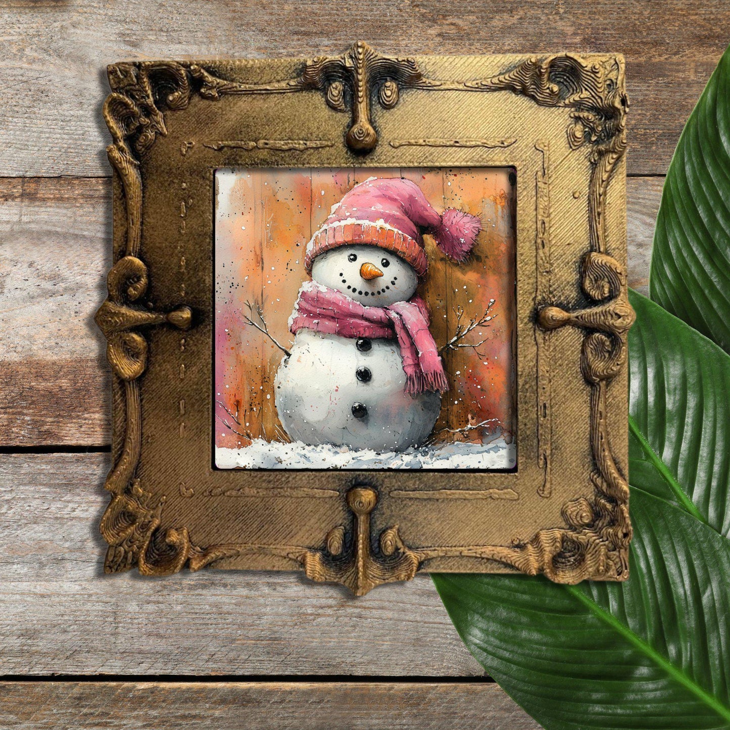 Pink Snow Man Gold Framed Refrigerator Magnet, Mini Art, Grand Millennial Style, Artful Kitchen Decor, Gift for Her fridgescaping