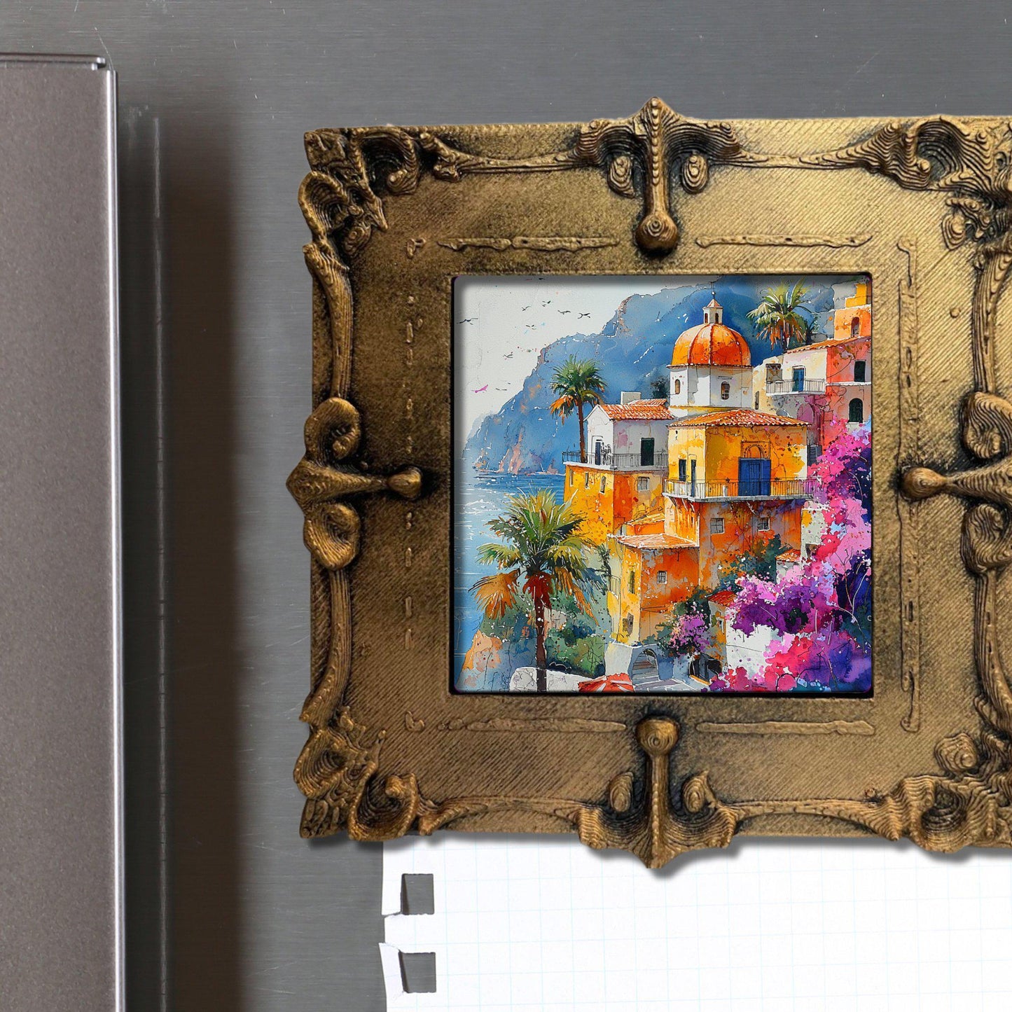 Positano Italy Gold Framed Refrigerator Magnet, Mini Art, Grand Millennial Style, Artful Kitchen Decor, Gift for Her fridgescaping