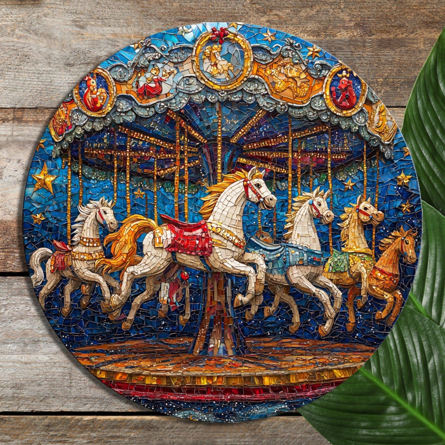 Horse Carousel Glass Cutting Board 8-inch Round Trivet Charcuterie Board Gift for Her Mom Kitchen Decor
