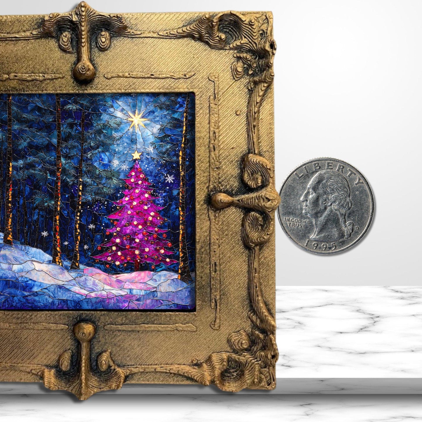 Pink Peaceful Christmas Tree Tiny Art Fridge Magnet Gold Framed Fridgescaping Art Picture Gallery Tiny Art Gift for Her Wife Mom