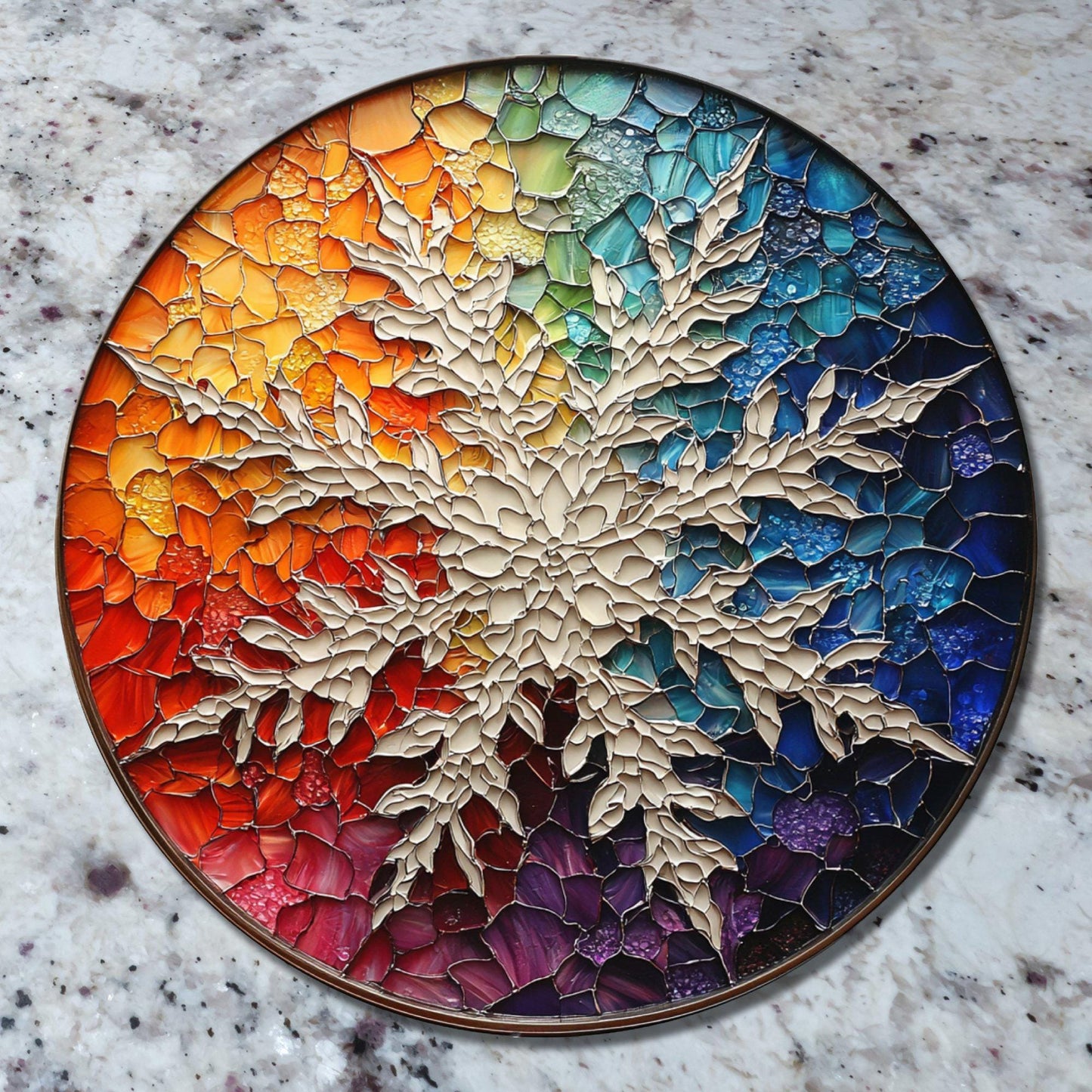 Rainbow Snowflake Glass Cutting Board 8-inch Round Trivet Charcuterie Board Gift for Her Mom Kitchen Decor