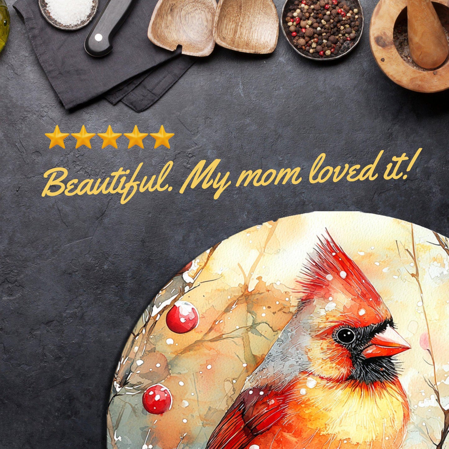 Cardinal on Winter Branch Glass Cutting Board 8-inch Round Trivet Charcuterie Board Gift for Her Mom Kitchen Decor