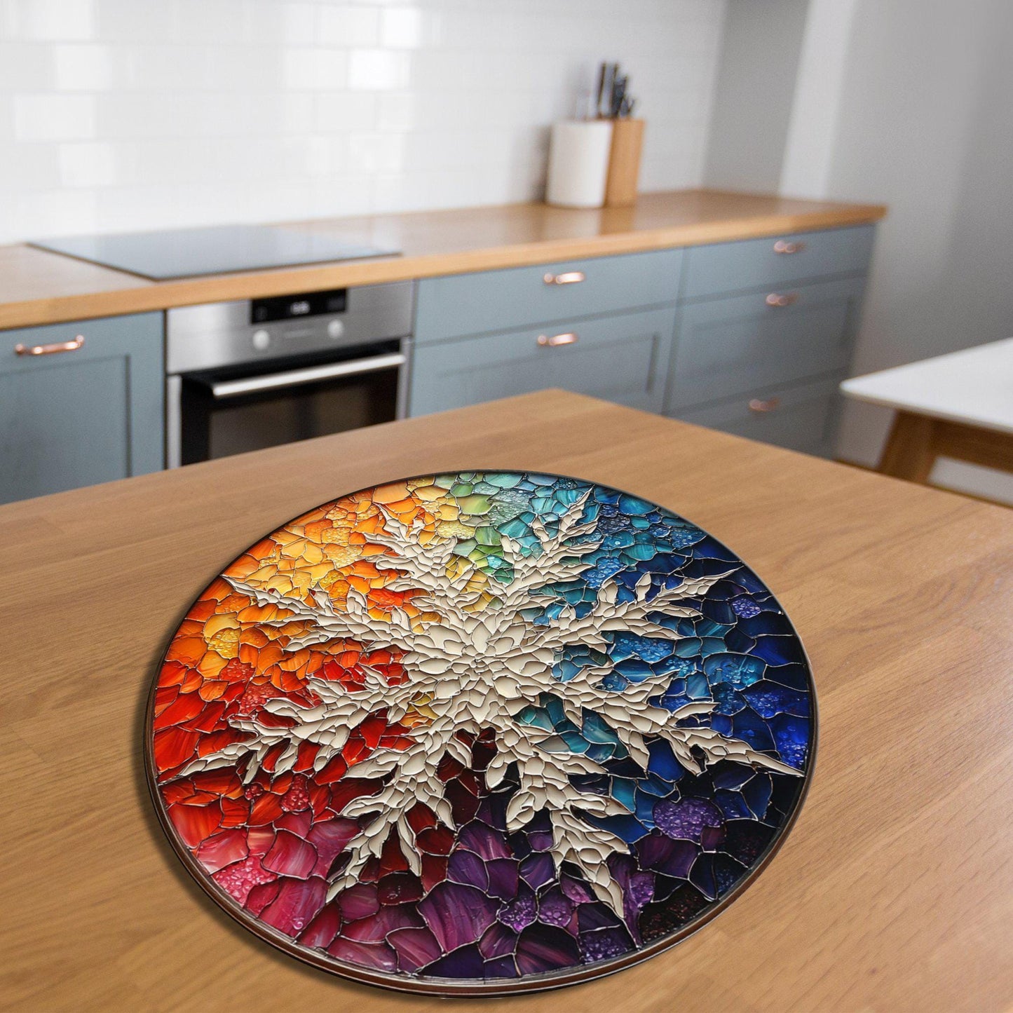 Rainbow Snowflake Glass Cutting Board 8-inch Round Trivet Charcuterie Board Gift for Her Mom Kitchen Decor