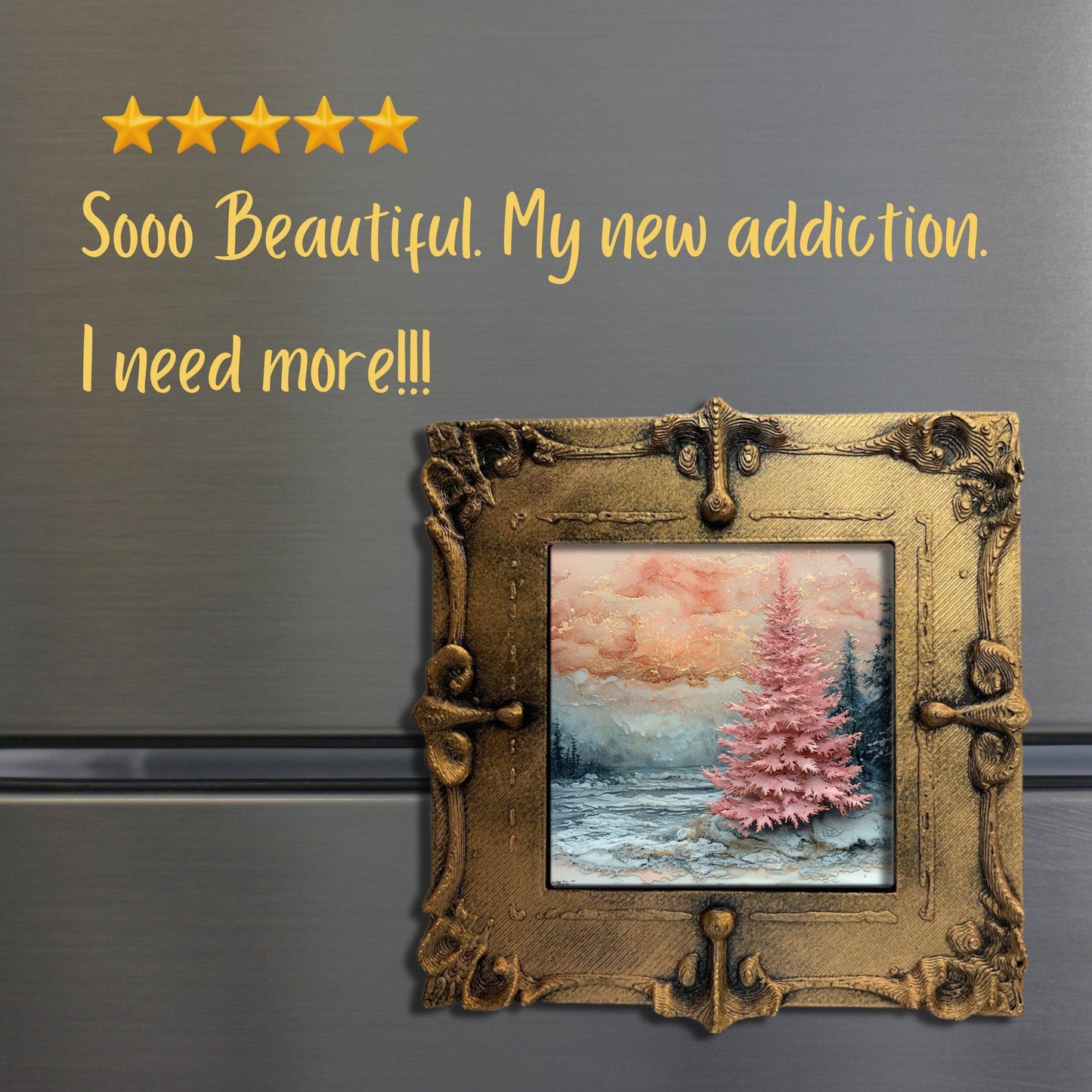 Pink Christmas Tree Gold Framed Refrigerator Magnet, Mini Art, Grand Millennial Style, Artful Kitchen Decor, Gift for Her fridgescaping