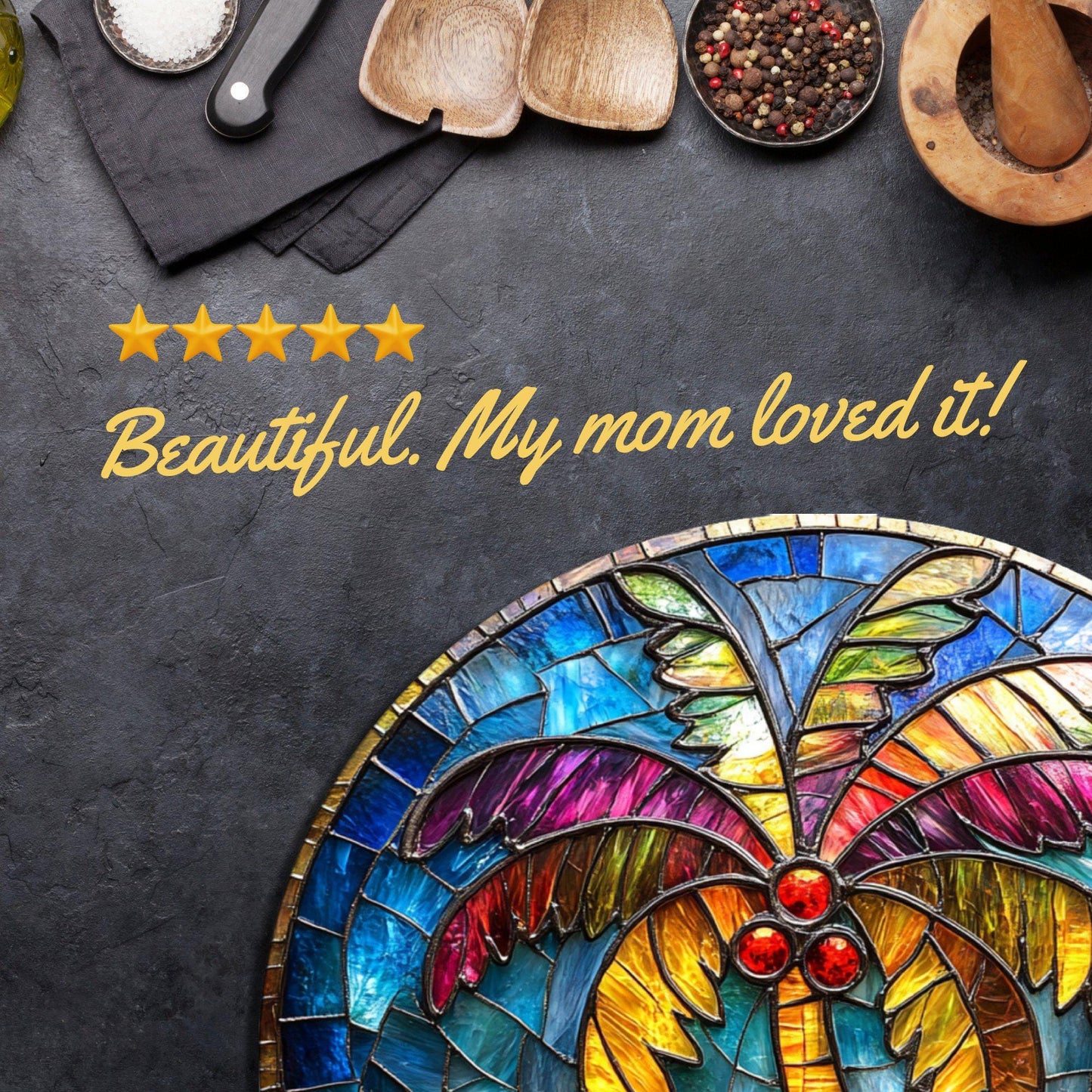 Tropical Palm Tree Christmas Glass Cutting Board 8-inch Round Trivet Charcuterie Board Gift for Her Mom Kitchen Decor