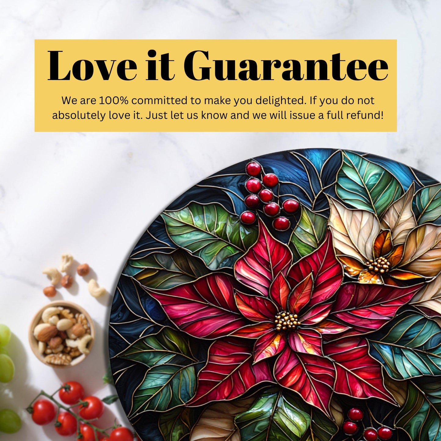 Poinsettias Glass Cutting Board 8-inch Round Trivet Charcuterie Board Gift for Her Mom Kitchen Decor