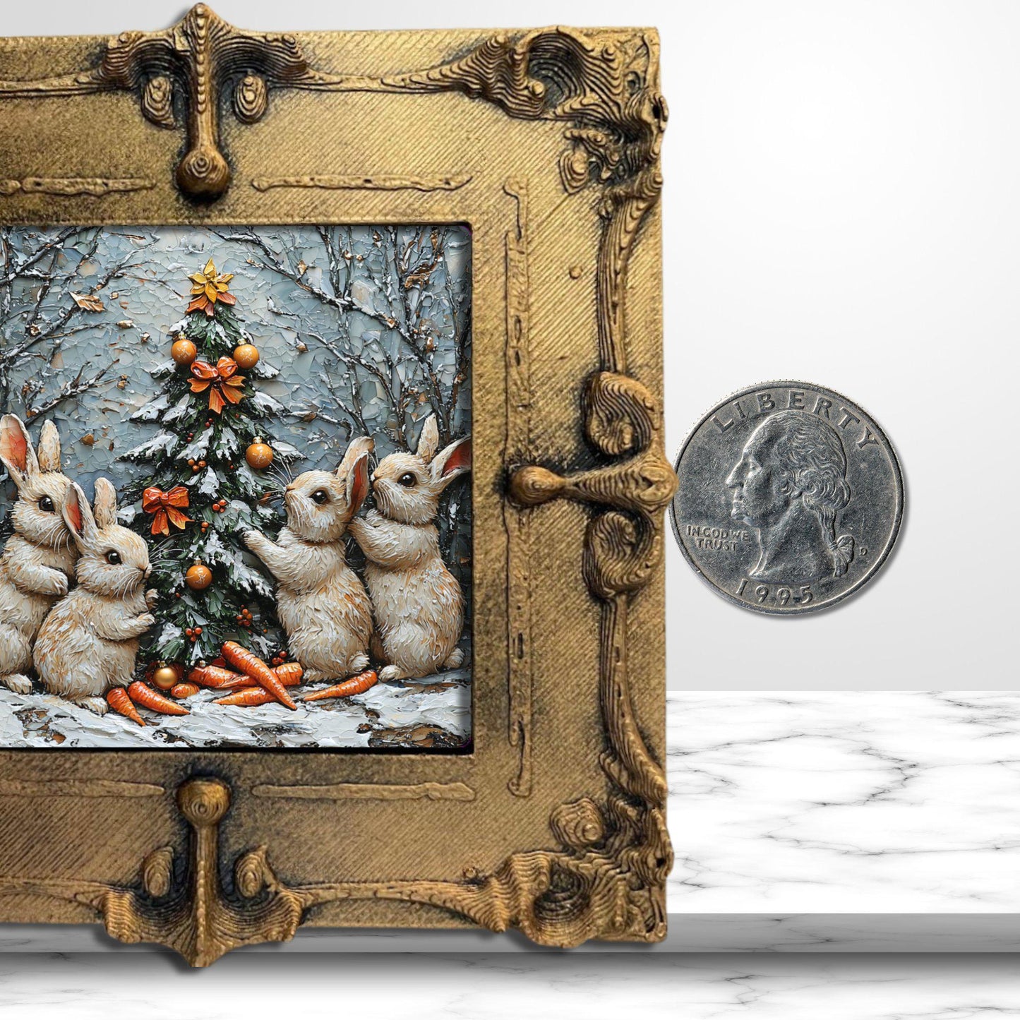 Bunny Carrots Christmas Tree Tiny Art Fridge Magnet Gold Framed Fridgescaping Art Picture Gallery Tiny Art Gift for Her Wife Mom
