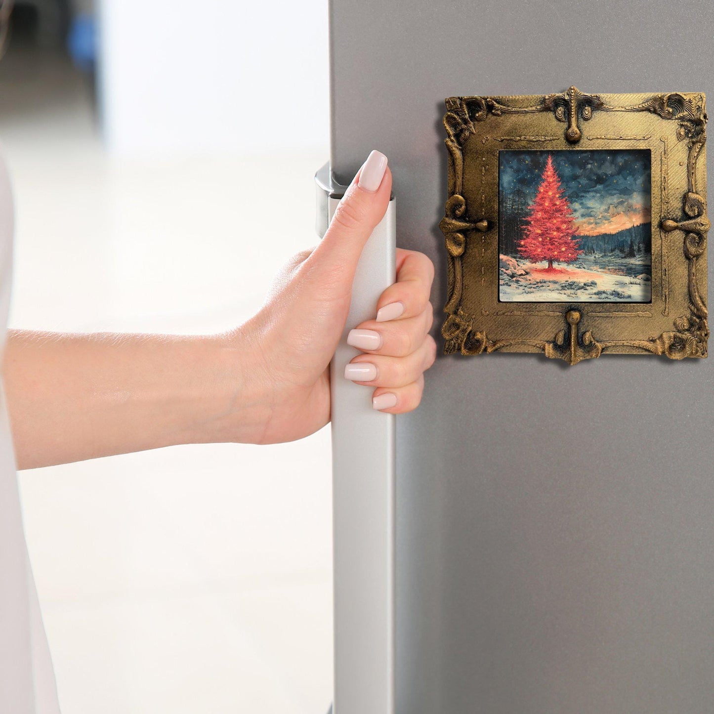 Pink Christmas Tree Gold Framed Refrigerator Magnet, Mini Art, Grand Millennial Style, Artful Kitchen Decor, Gift for Her fridgescaping