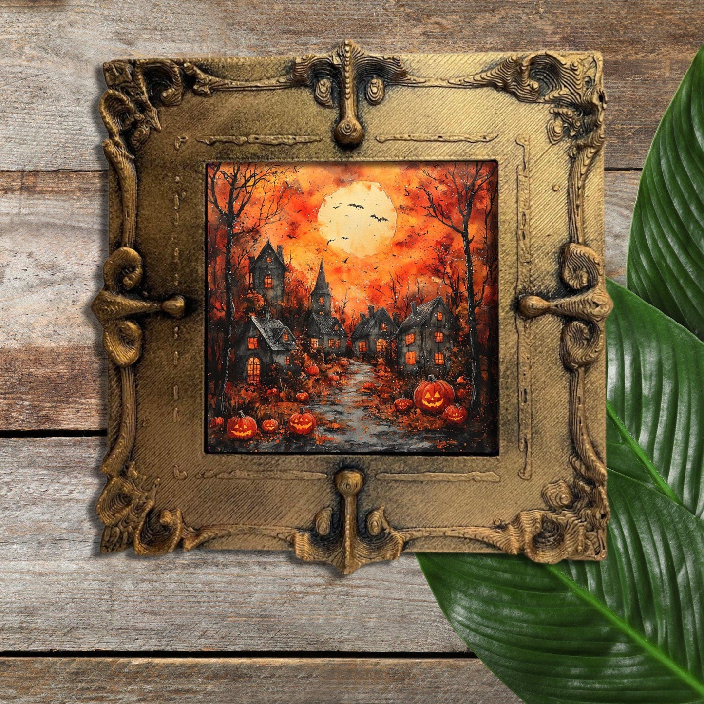 Halloween Village Gold Framed Refrigerator Magnet, Mini Art, Grand Millennial Style, Artful Kitchen Decor, Gift for Her fridgescaping