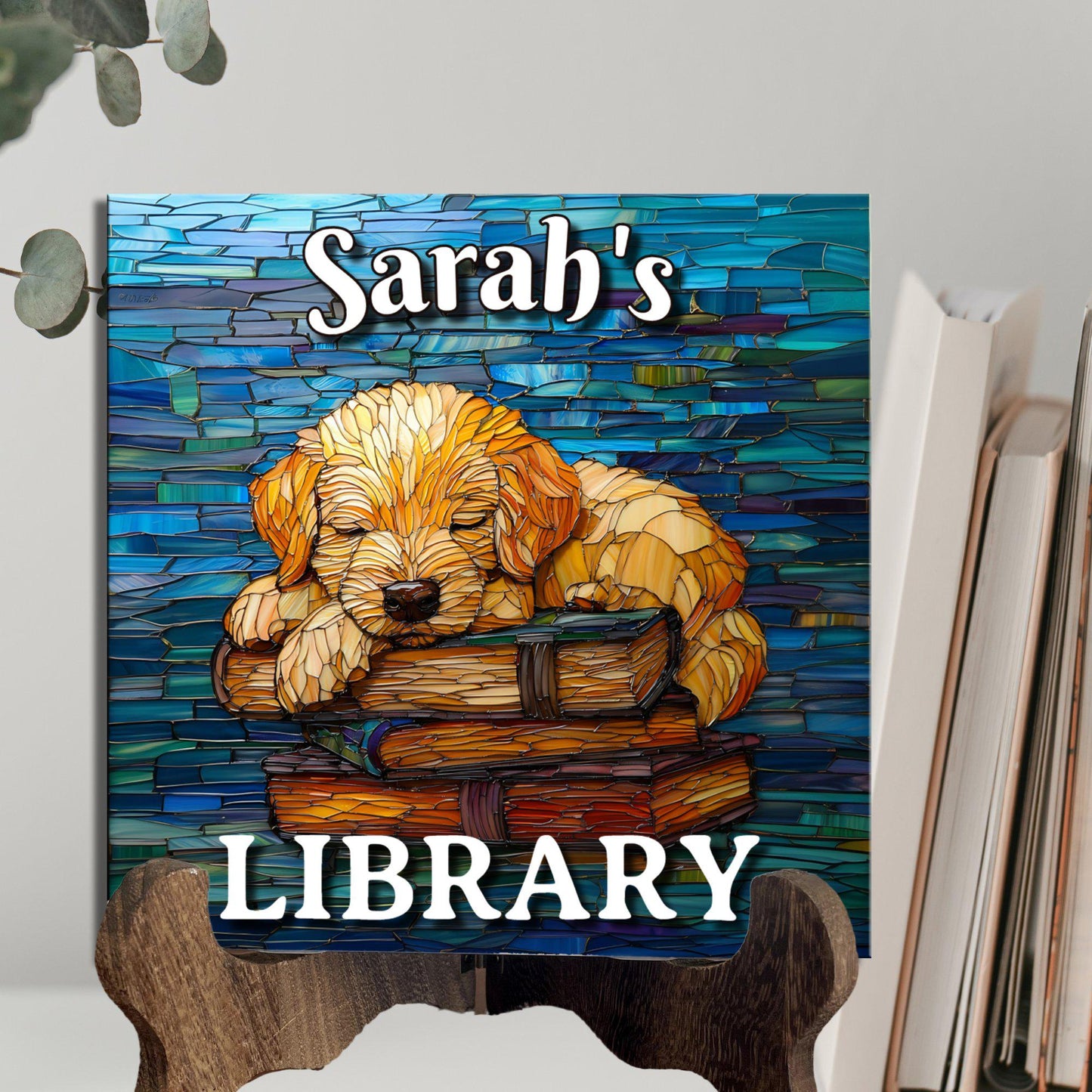 Puppy Sleeping Personalized Library Sign Book Lover Bookworm Biblio Gift Book Nook Shelf Decor Booktoker-Gift for Bookish