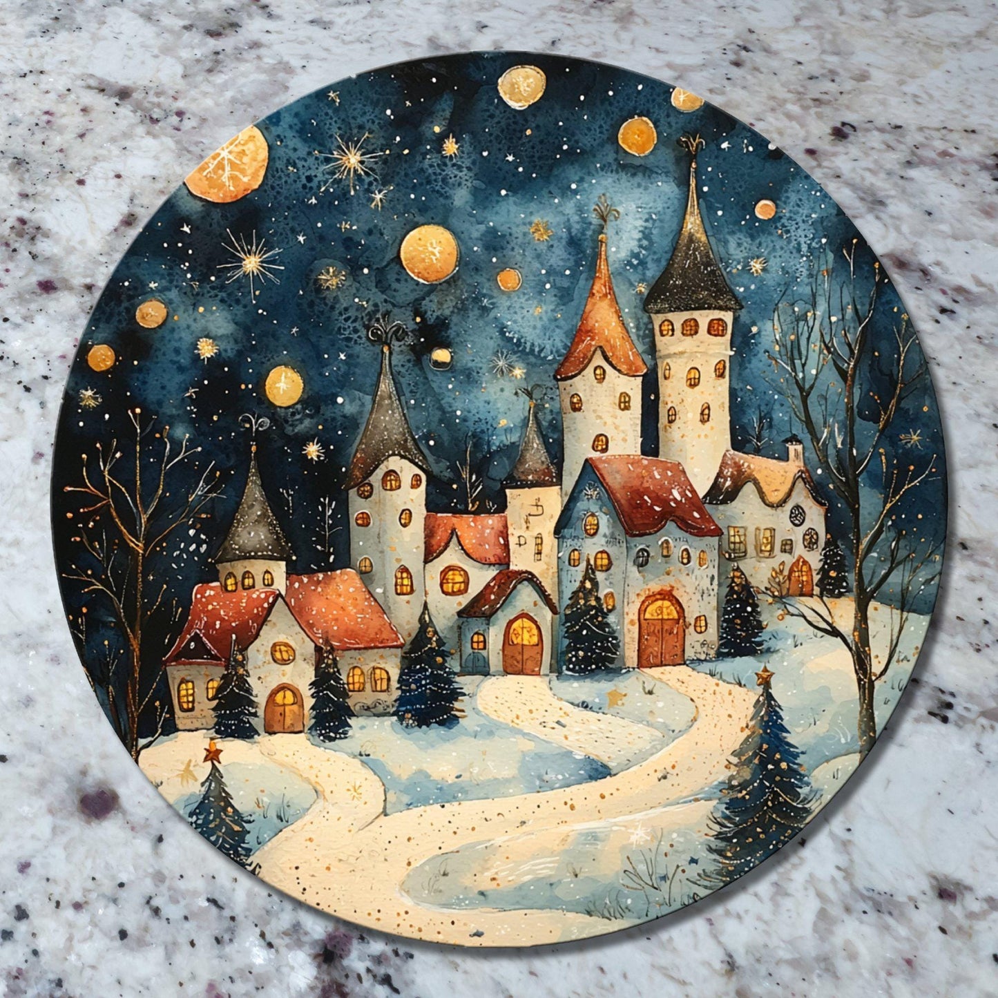 Christmas Village at Night Glass Cutting Board 8-inch Round Trivet Charcuterie Board Gift for Her Mom Kitchen Decor