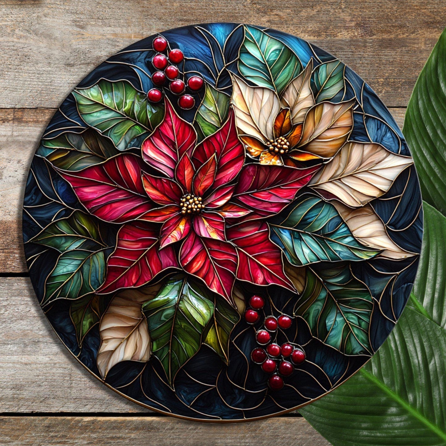Poinsettias Glass Cutting Board 8-inch Round Trivet Charcuterie Board Gift for Her Mom Kitchen Decor