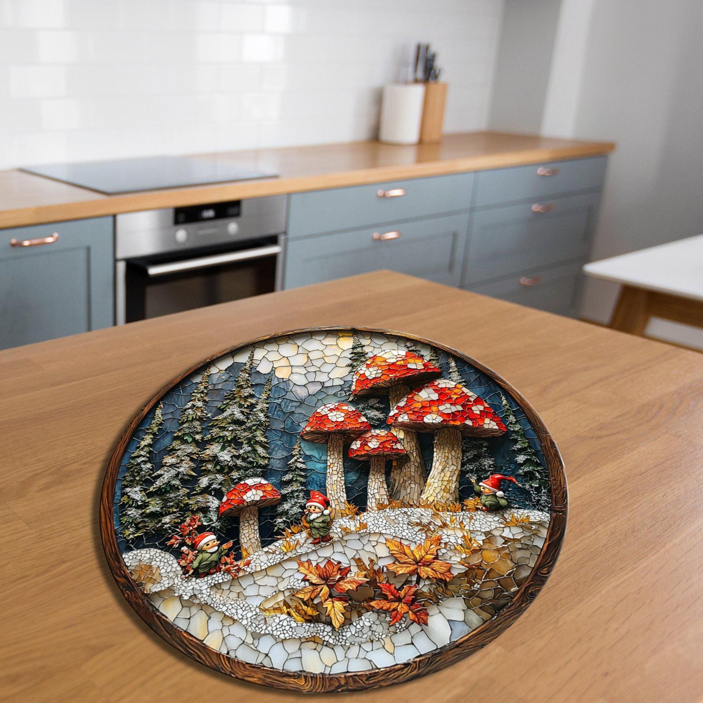 Winter Mushroom Patch Glass Cutting Board 8-inch Round Trivet Charcuterie Board Gift for Her Mom Kitchen Decor