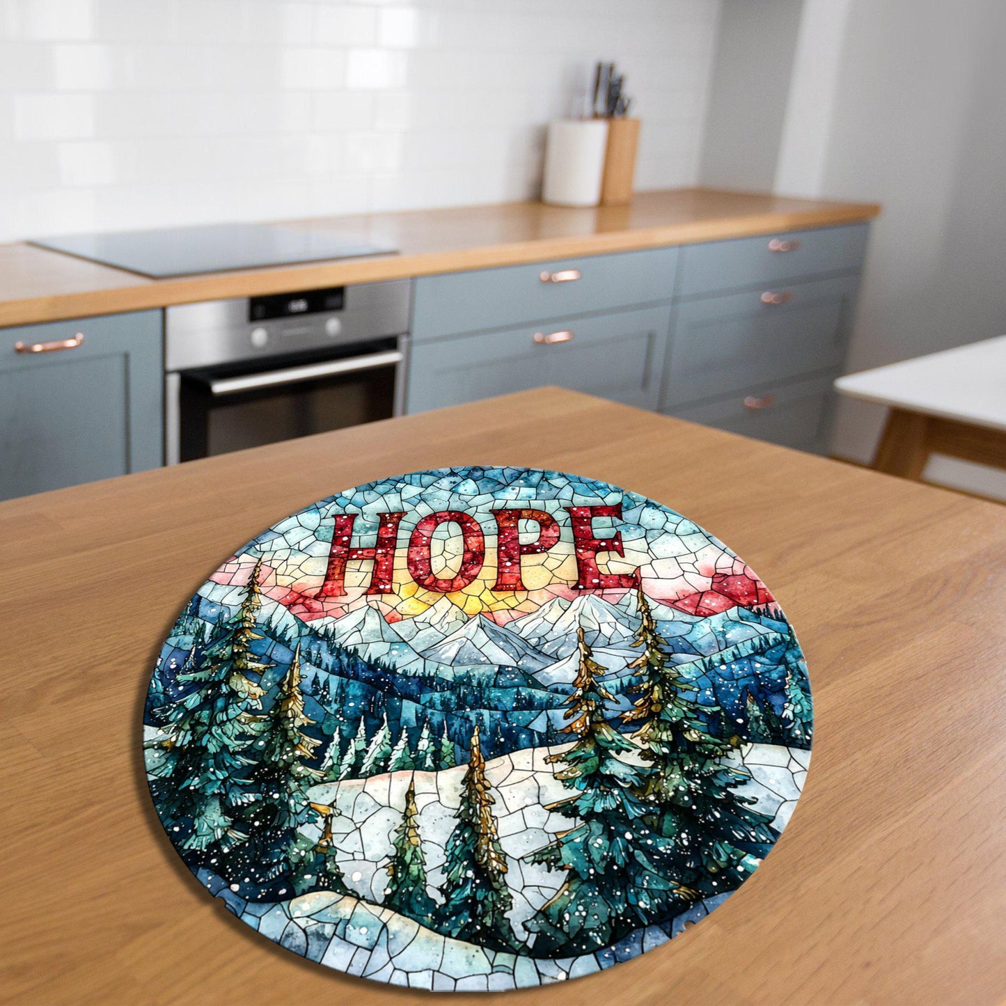 Hope Mountains Glass Cutting Board 8-inch Round Trivet Charcuterie Board Gift for Her Mom Kitchen Decor