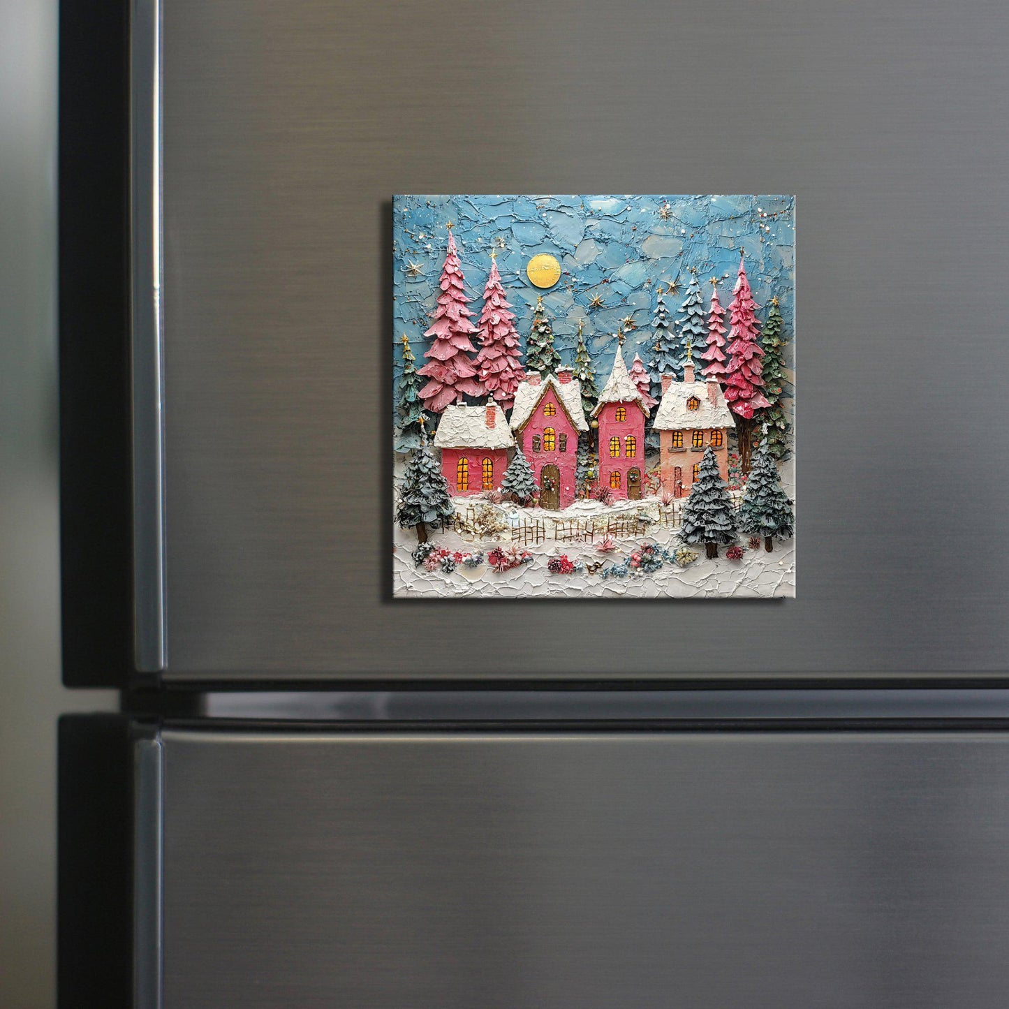Pink Christmas Village Fridge Magnet 2-inch Strong Refrigerator Magnet Kitchen Decor Dopamine Ceramic Tile Art Gift for Her fridgescaping