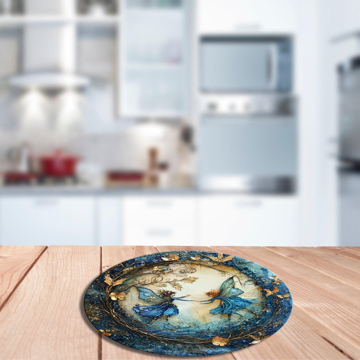Winter Fairy Dance Glass Cutting Board 8-inch Round Trivet Charcuterie Board Gift for Her Mom Kitchen Decor