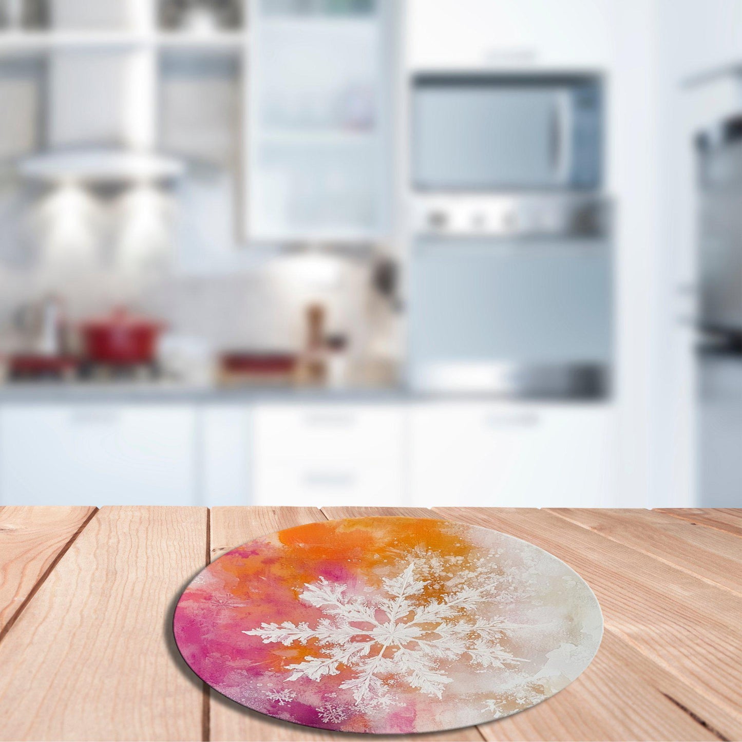 Snowflake on Orange and Pink Glass Cutting Board 8-inch Round Trivet Charcuterie Board Gift for Her Mom Kitchen Decor