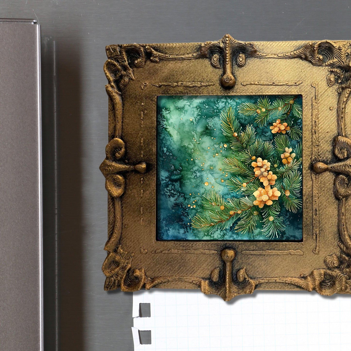 Christmas Pine Needle Study Tiny Art Fridge Magnet Gold Framed Fridgescaping Art Picture Gallery Tiny Art Gift for Her Wife Mom