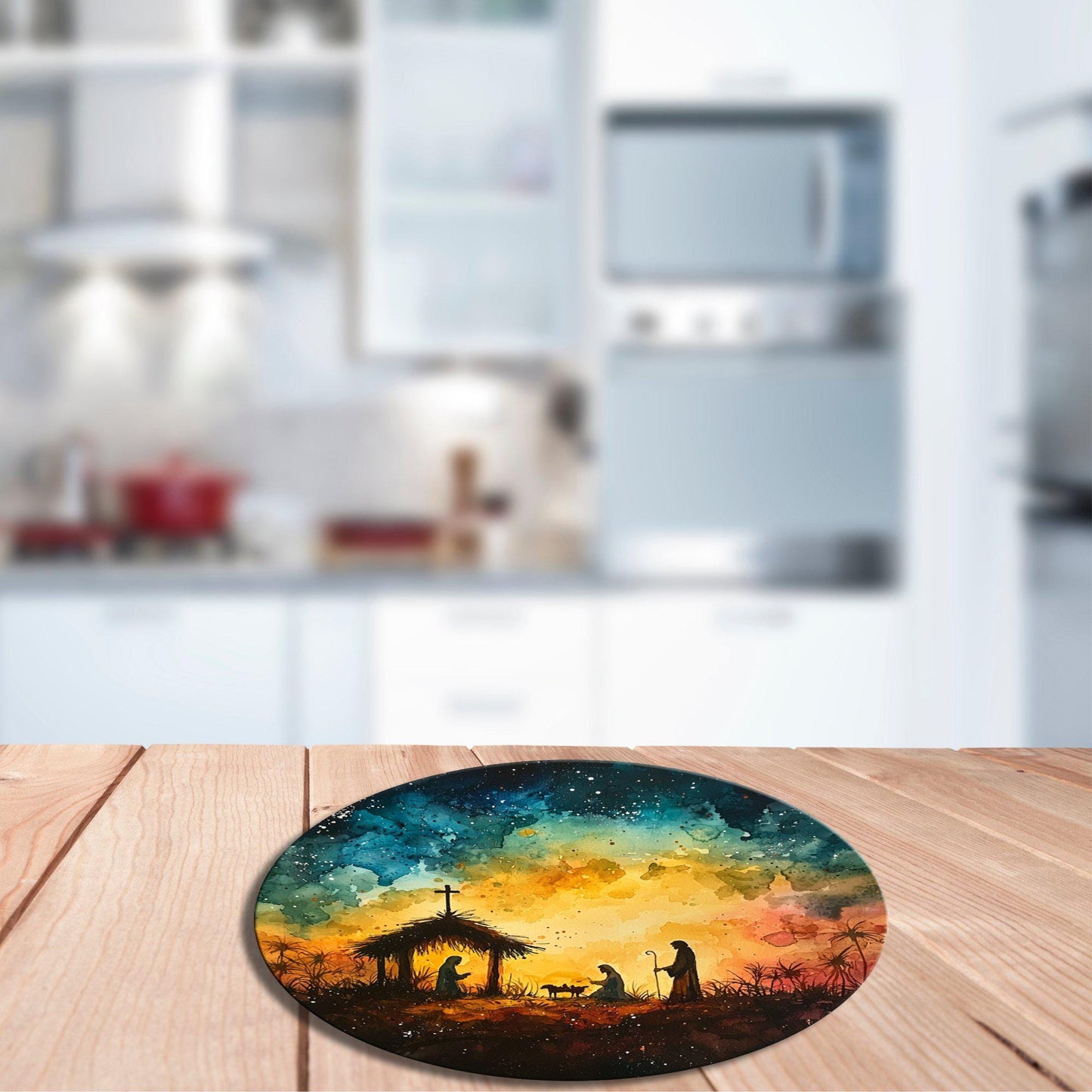 Vibrant Nativity Scene Glass Cutting Board 8-inch Round Trivet Charcuterie Board Gift for Her Mom Kitchen Decor