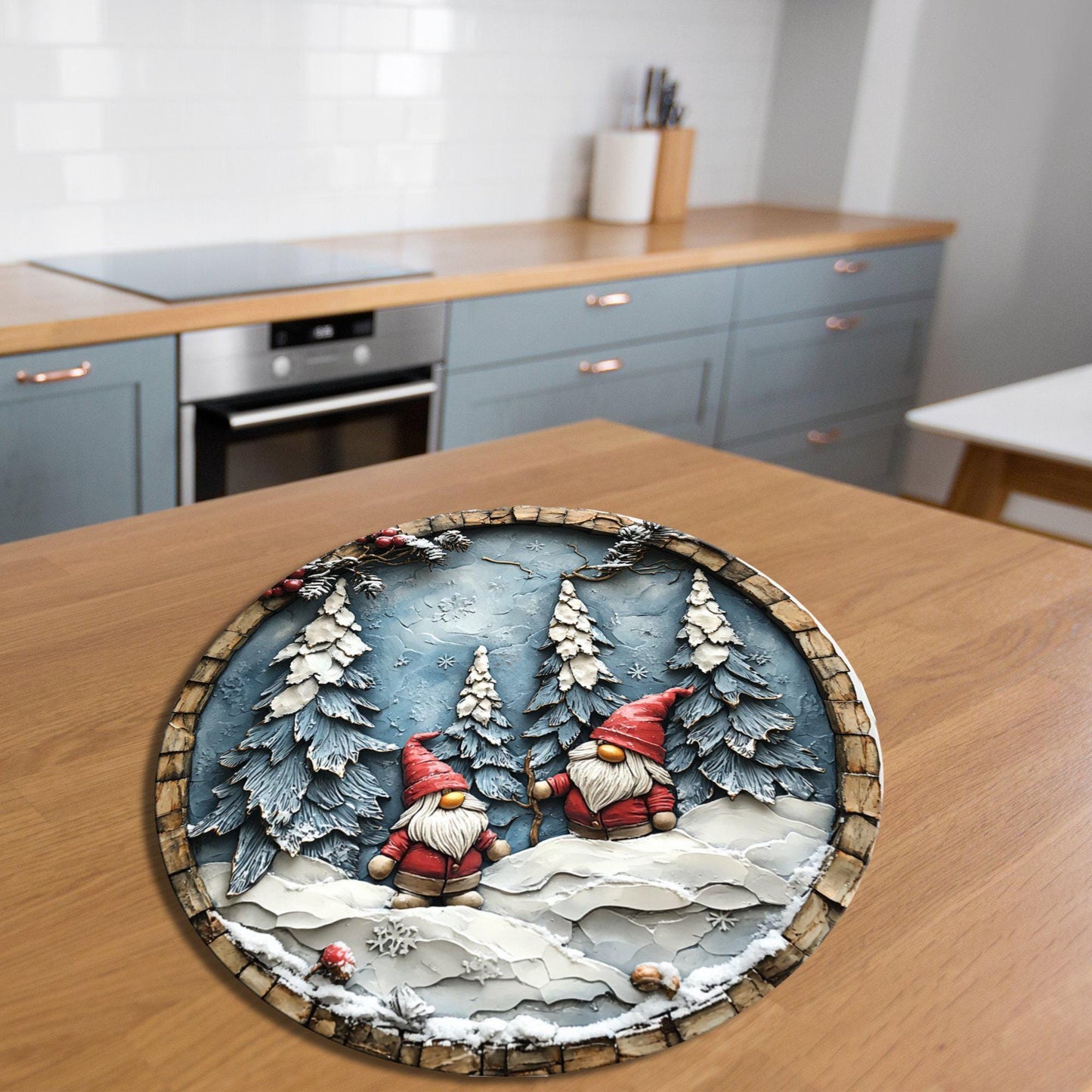 Christmas Gnomes Glass Cutting Board 8-inch Round Trivet Charcuterie Board Gift for Her Mom Kitchen Decor
