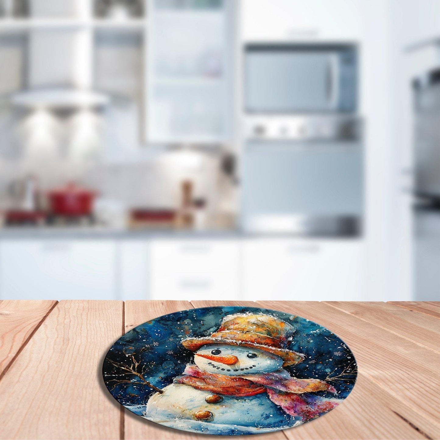 Snowman Glass Cutting Board 8-inch Round Trivet Charcuterie Board Gift for Her Mom Kitchen Decor