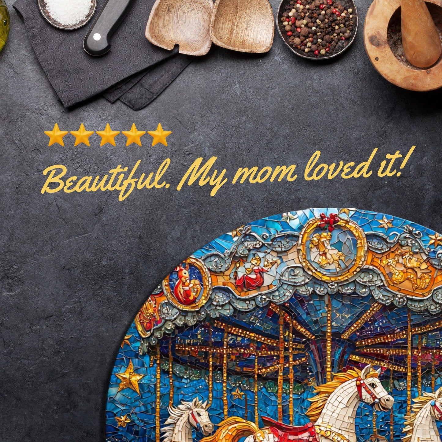 Horse Carousel Glass Cutting Board 8-inch Round Trivet Charcuterie Board Gift for Her Mom Kitchen Decor