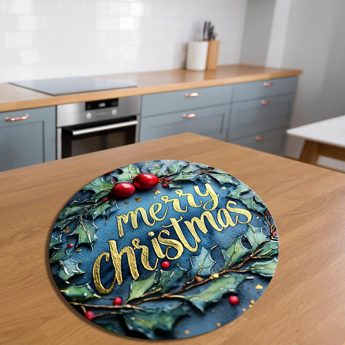 Merry Christmas Holly Glass Cutting Board 8-inch Round Trivet Charcuterie Board Gift for Her Mom Kitchen Decor