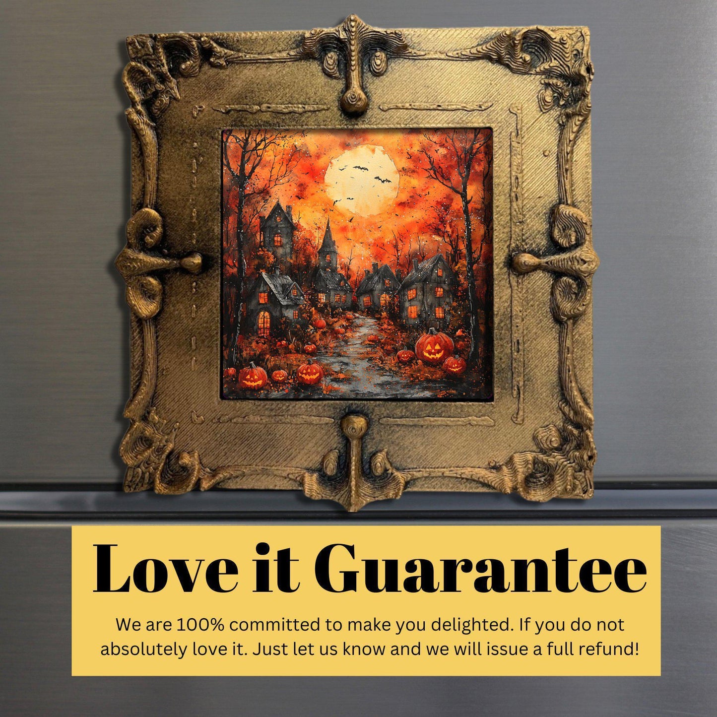 Halloween Village Gold Framed Refrigerator Magnet, Mini Art, Grand Millennial Style, Artful Kitchen Decor, Gift for Her fridgescaping