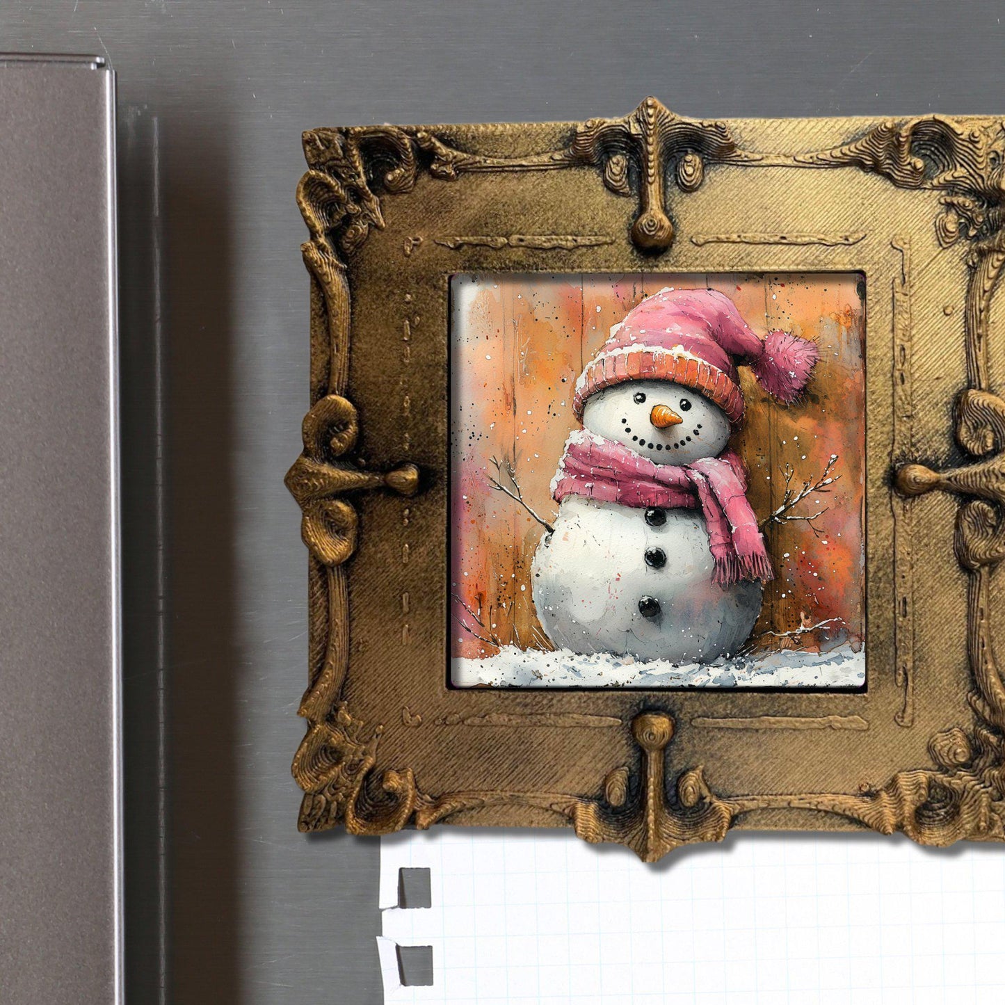 Pink Snow Man Gold Framed Refrigerator Magnet, Mini Art, Grand Millennial Style, Artful Kitchen Decor, Gift for Her fridgescaping