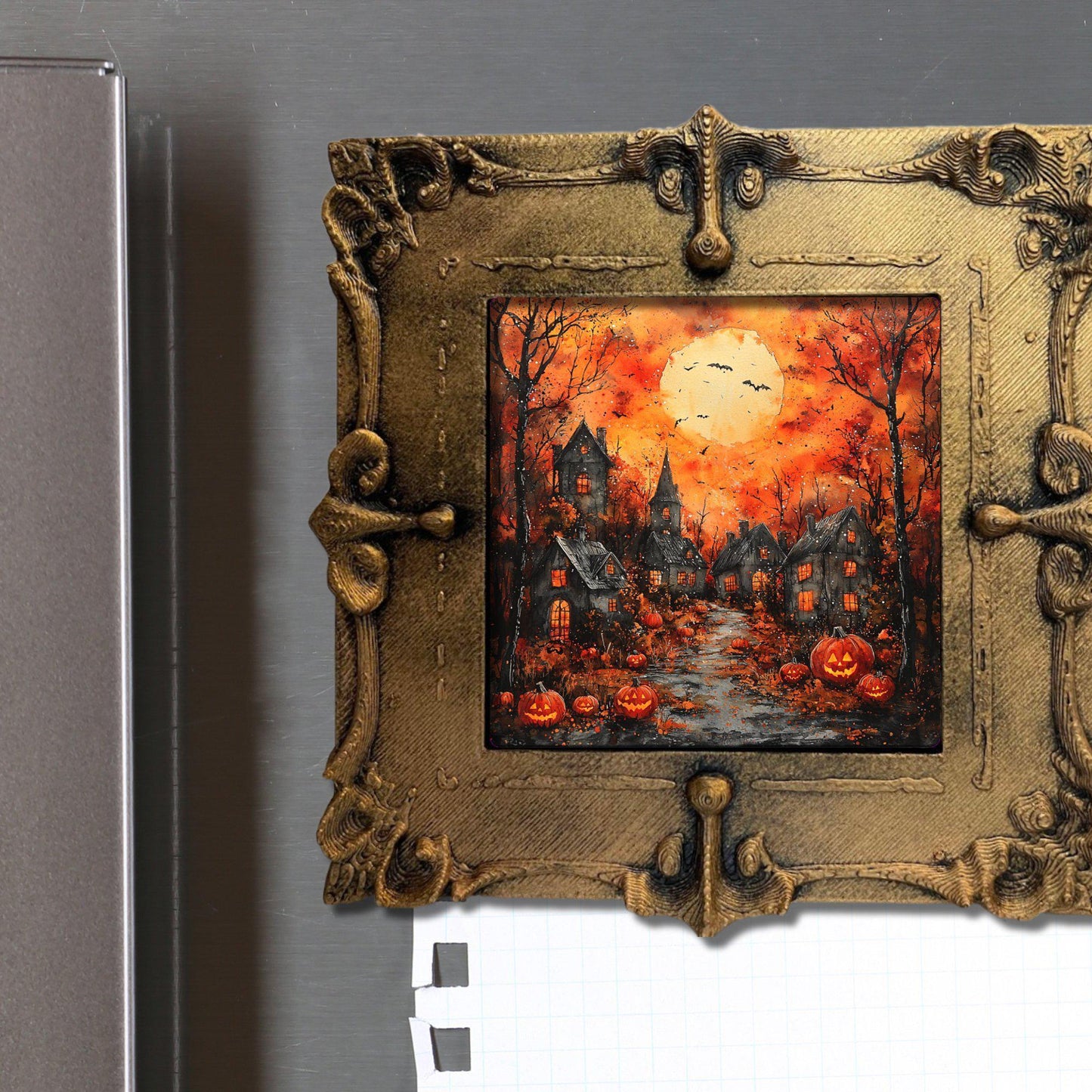 Halloween Village Gold Framed Refrigerator Magnet, Mini Art, Grand Millennial Style, Artful Kitchen Decor, Gift for Her fridgescaping
