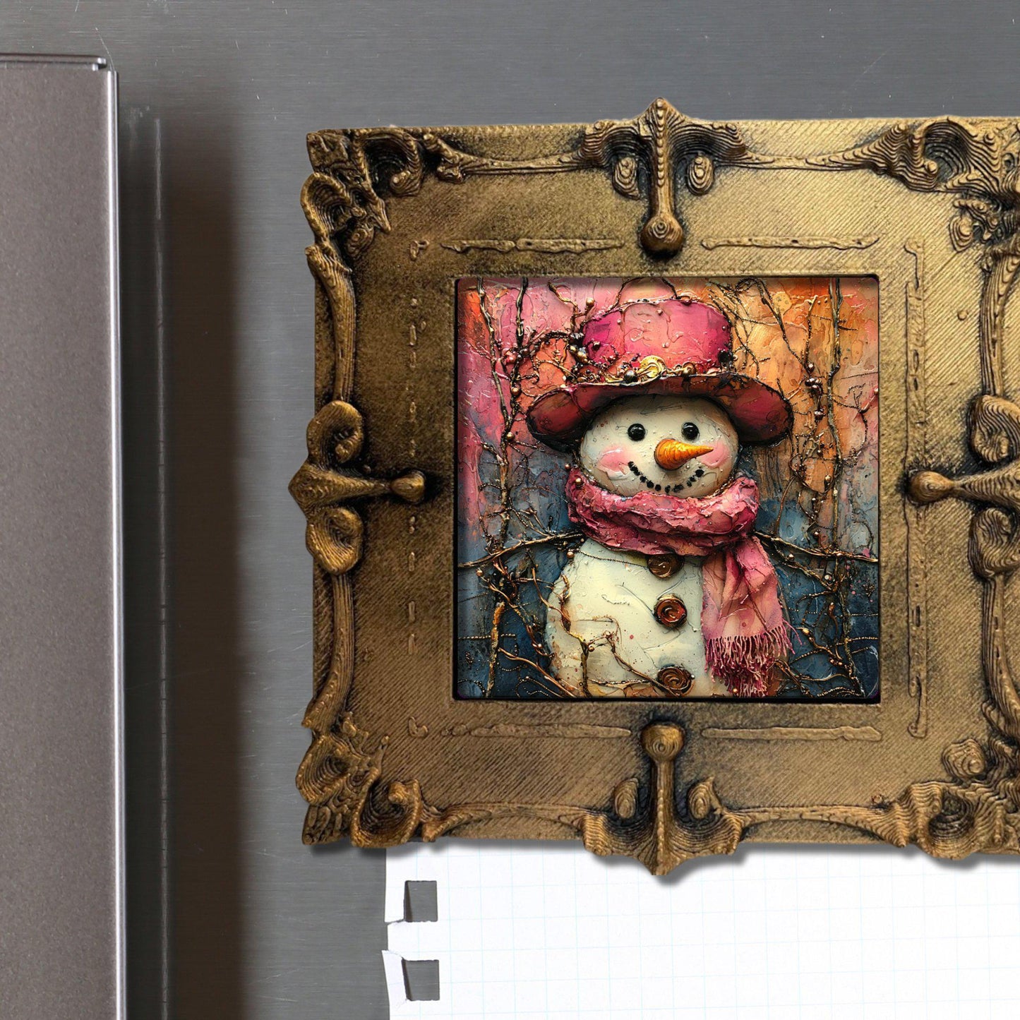 Pink Snowman Gold Framed Refrigerator Magnet, Mini Art, Grand Millennial Style, Artful Kitchen Decor, Gift for Her fridgescaping
